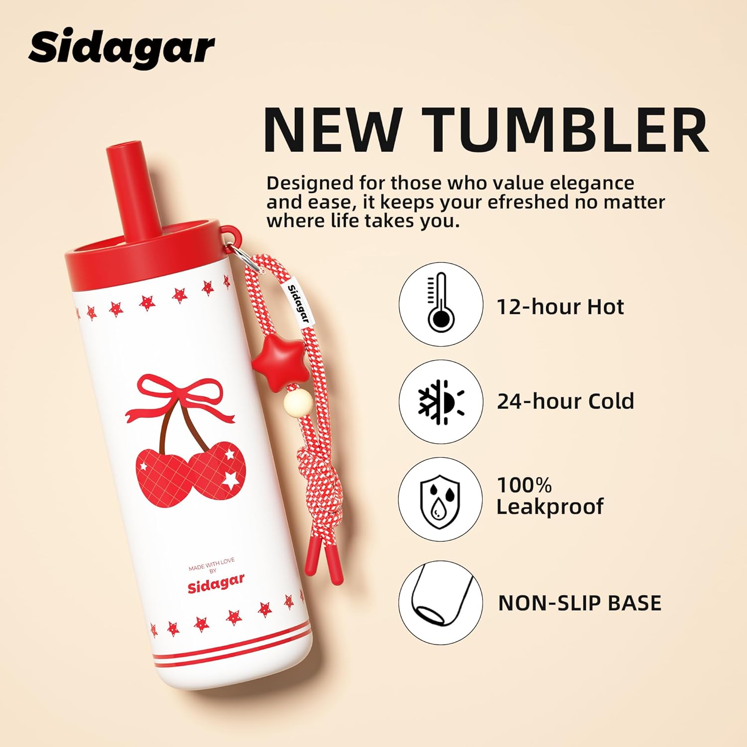 24 oz Insulated Tumbler, Stainless Steel Coffee Mug with Lid and Straw, Leak-proof Reusable BPA-Free Cup, Commute Yoga Office Travel, Cherry Charm - Cherry Pearl White - Image 3