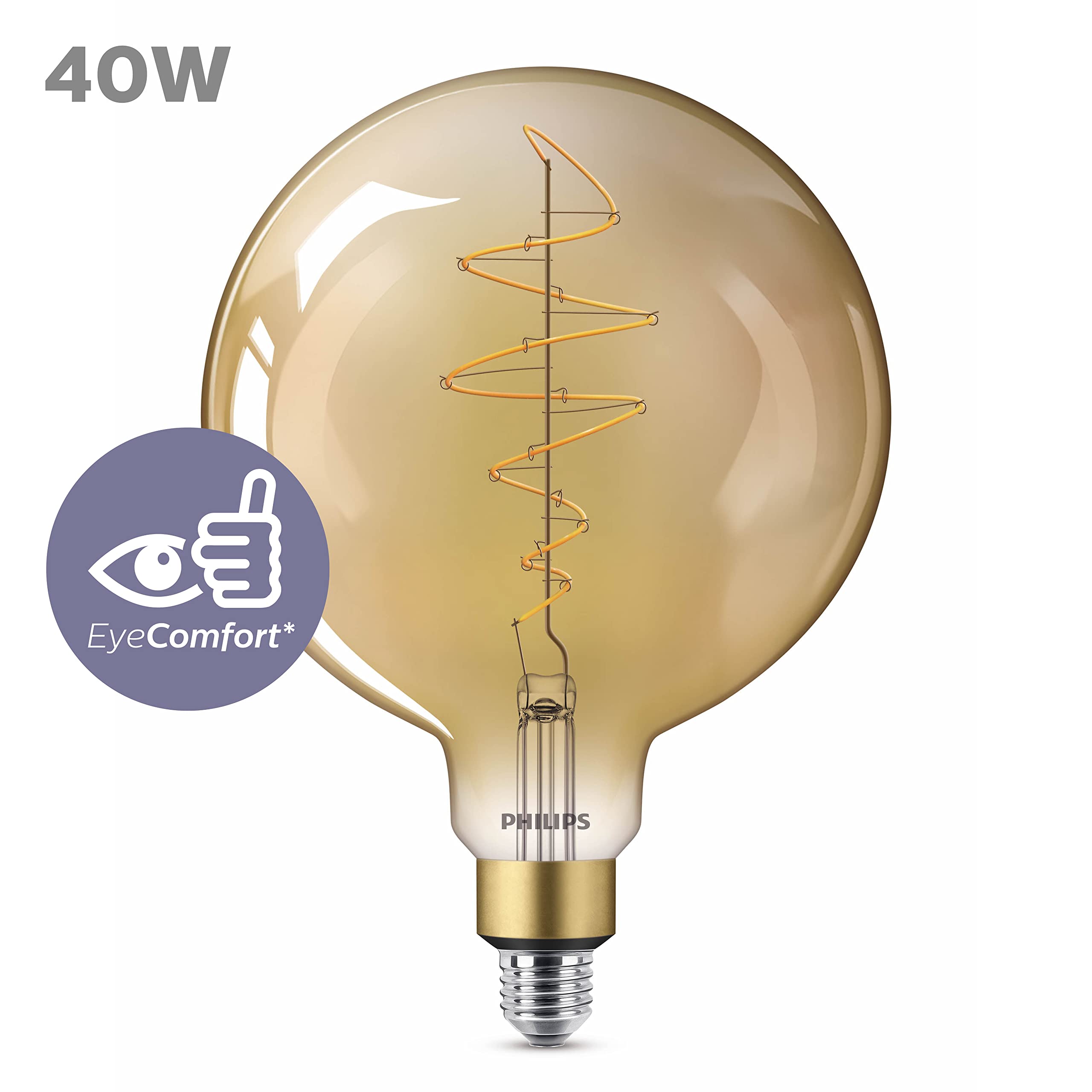 PHILIPS LED Classic E27 Vintage Lampe, 40 W, Vintage Dekolampe, XL-Globeform, dimmbar, gold, klar, flame