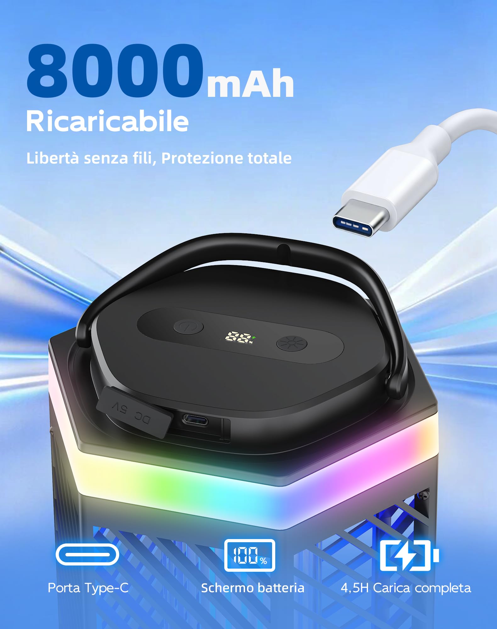 Lampada Antizanzare Elettrica Ricaricabile 8000mAh, Ammazza Zanzare 3 in 1 con Luce LED e RGB, 2000V Trappola per Insetti da Esterno e Interno, IPX4 Impermeabile per Casa, Camping