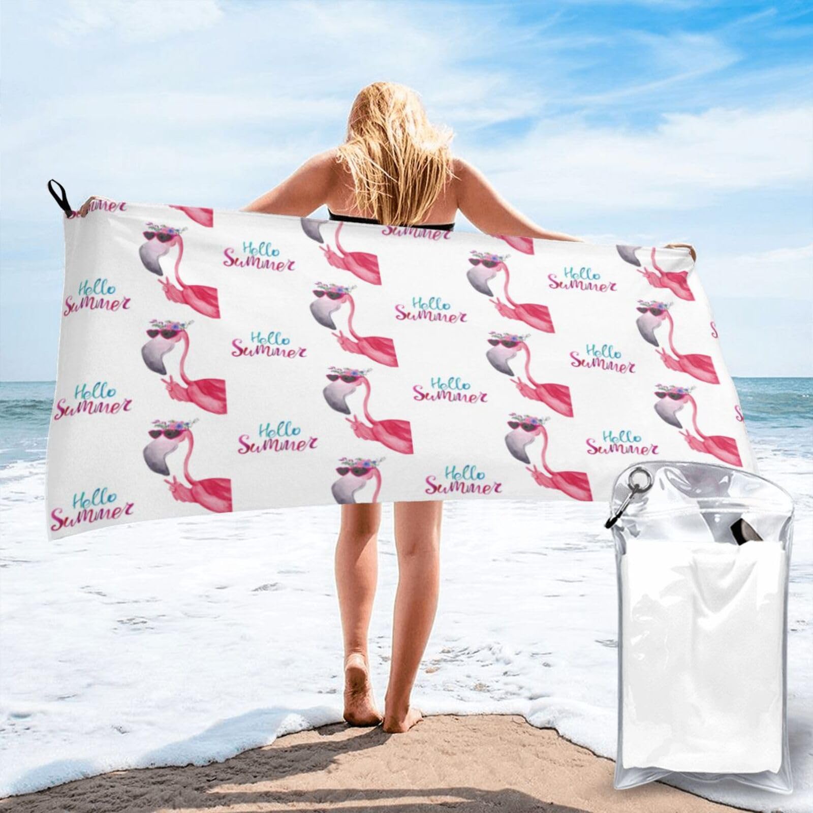 ENGhjes Flamingo Print Camping Towel Fast Drying Bath Beach Shower Wrap For Gym Camping Vacation Adults Portable Gift