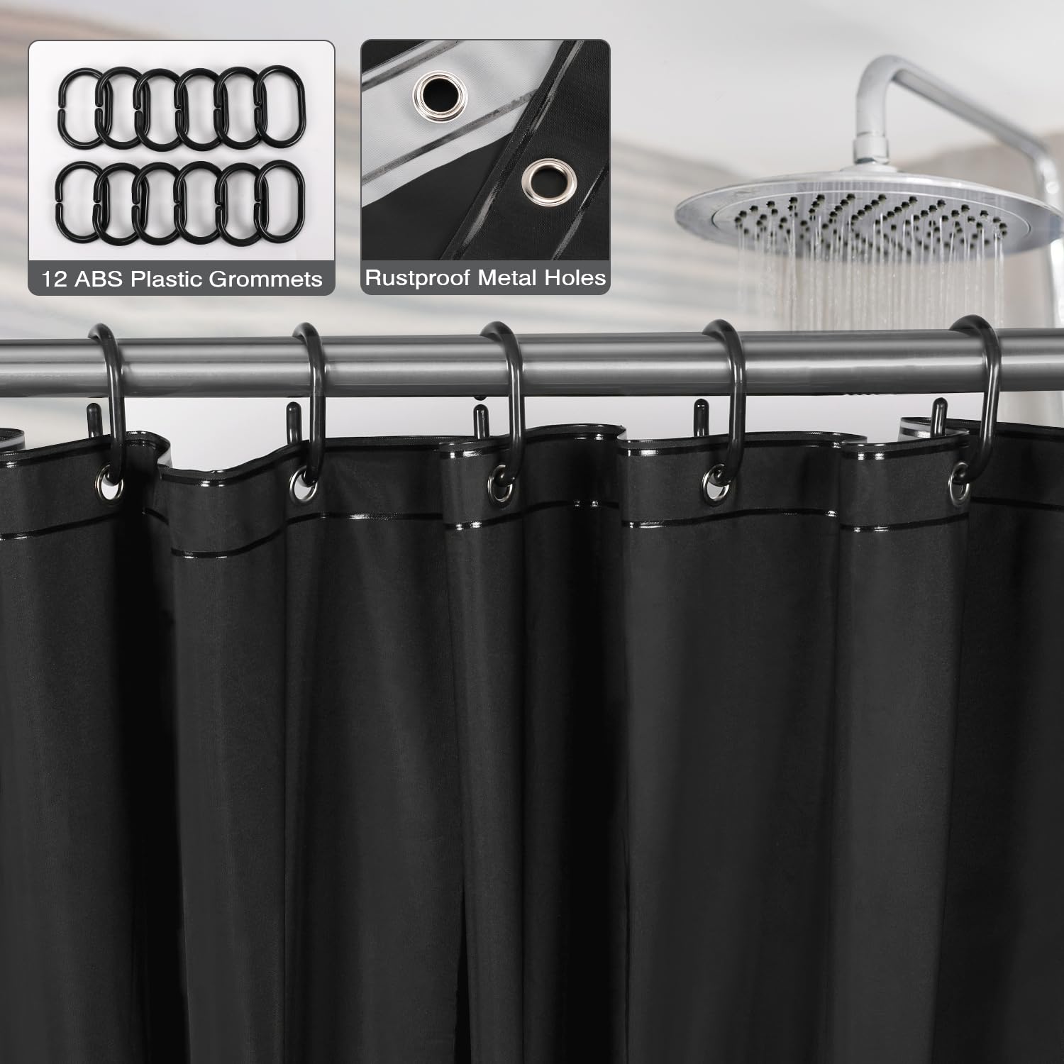 Funria EVA Shower Curtain Waterproof Bathroom Curtains with 12 Hooks for Wet Room Long Bath Curtains for Bathtubs and Shower Stall Black Shower Curtains 180 x 200CM (71 x 78 Inch) - Image 2