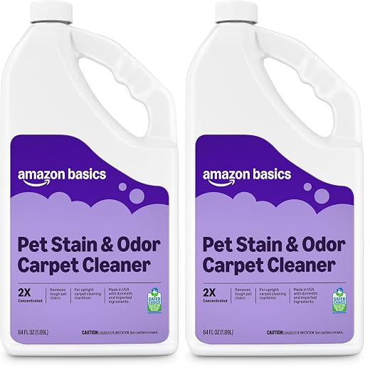 Amazon Basics Pet Stain & Odor Remover, Deep Cleaning Carpet Shampoo, Concentrated Formula, Works on Odors, Pet-Safe, Fresh Scent, 64 Fl Oz (Pack of 2), Packaging May Vary