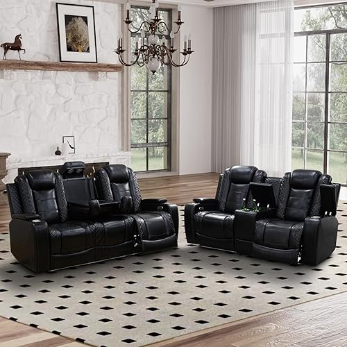 Miniatura 35 de Juego de sofá reclinable eléctrico para sala de estar, sofás reclinables de cuero blanco crema con puerto USB, sofá de cuero con sillón reclinable