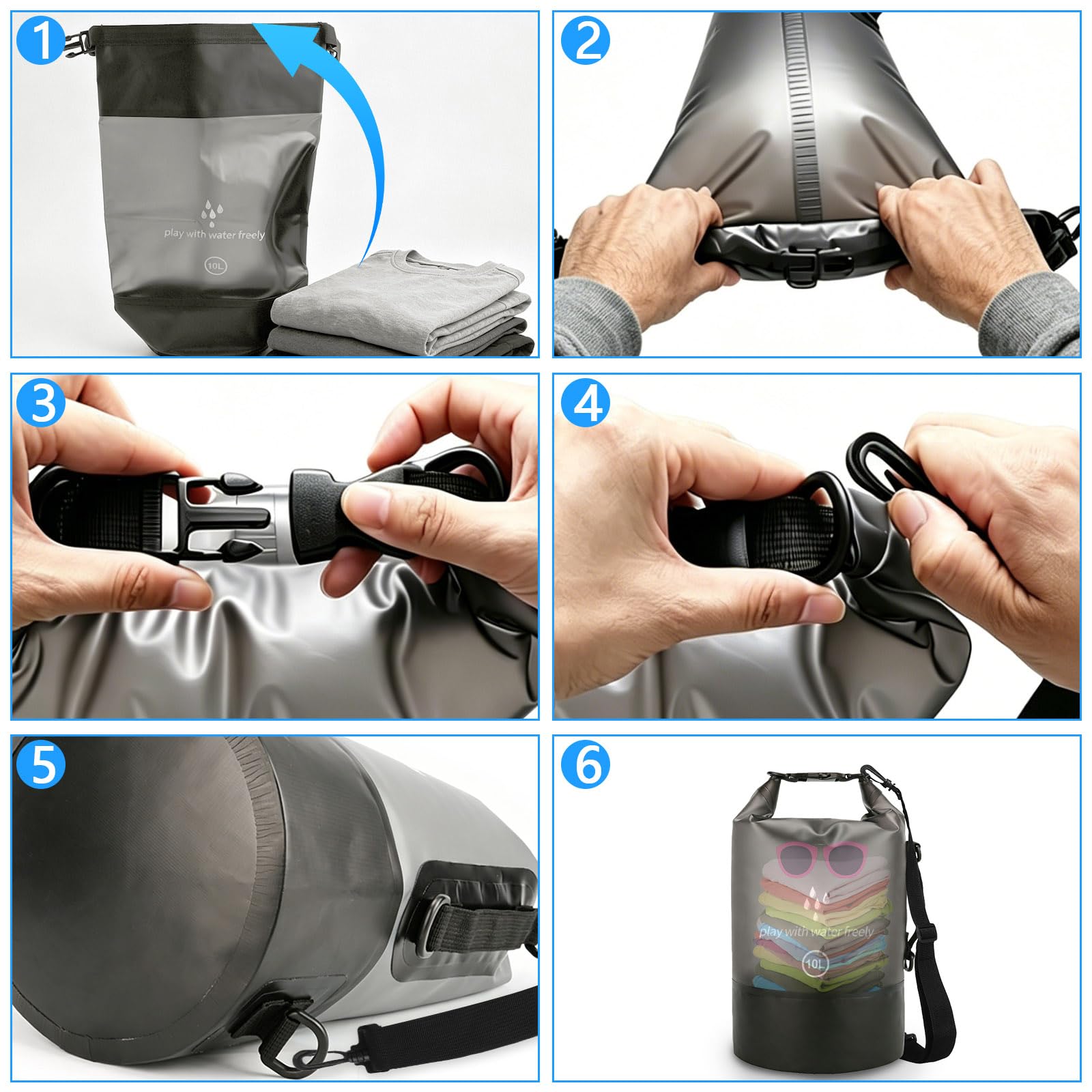 Dry Bag 10L Sacca Impermeabile con Marsupio e Custodia per Telefono Sacca Stagna Borsa Impermeabile per Barche Kayak SUP Sport Acquatici e Camping - Nero