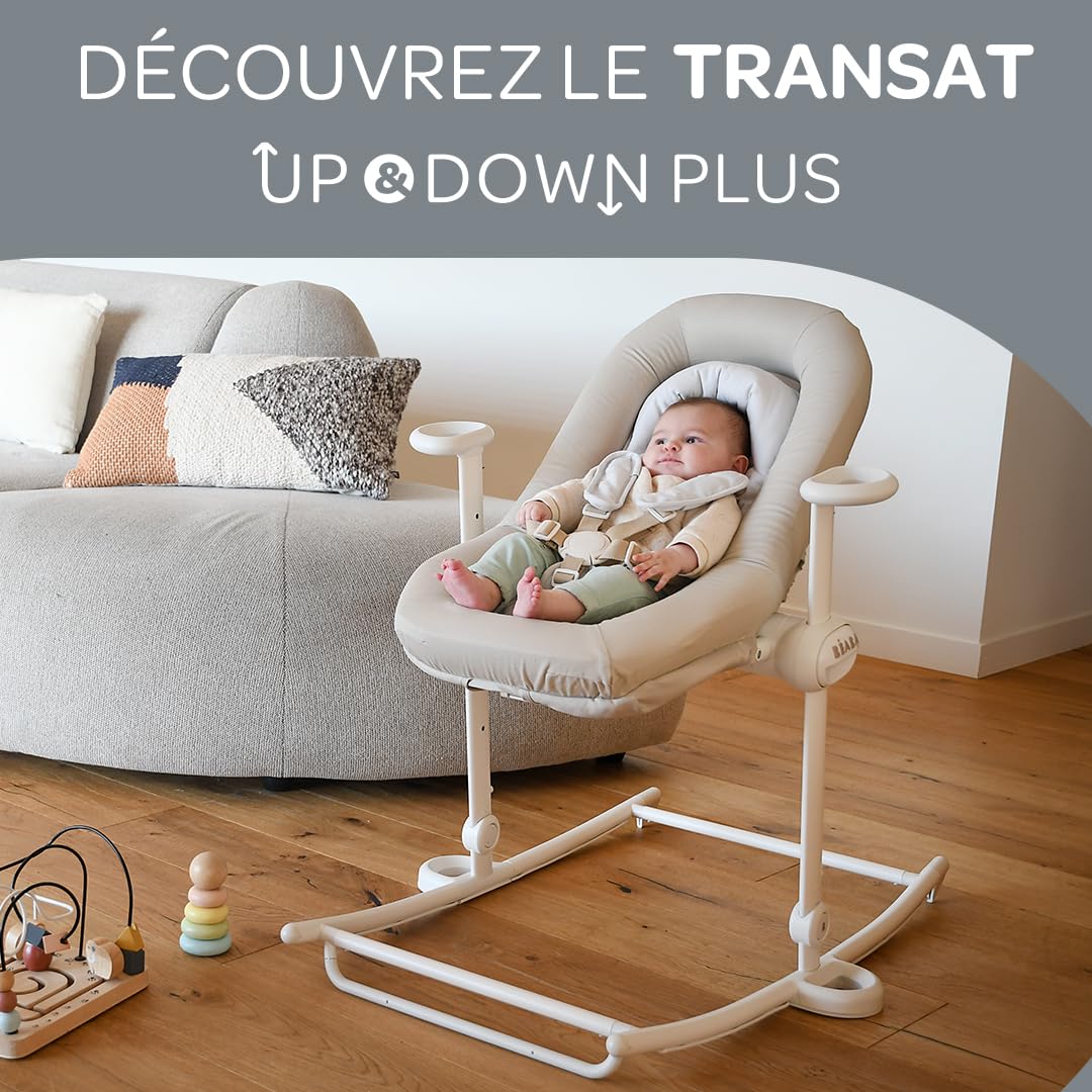 BÉABA Transat bébé Up&Down Plus 4 hauteurs 3 inclinaisons Réglable Pliable Réducteur Naissance Assise 100% Coton Harnais 5 points Greige