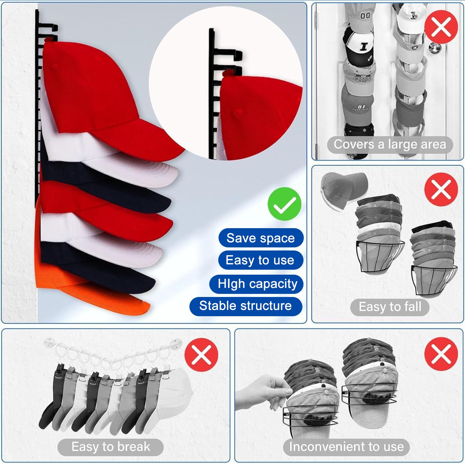 Porta Cappelli Parete, Espositore Cappelli, Portacappelli Autoadesivo, Organizzatore Baseball Cap, Cappelliera per Cappelli Contenere 16 Cappelli, Nero