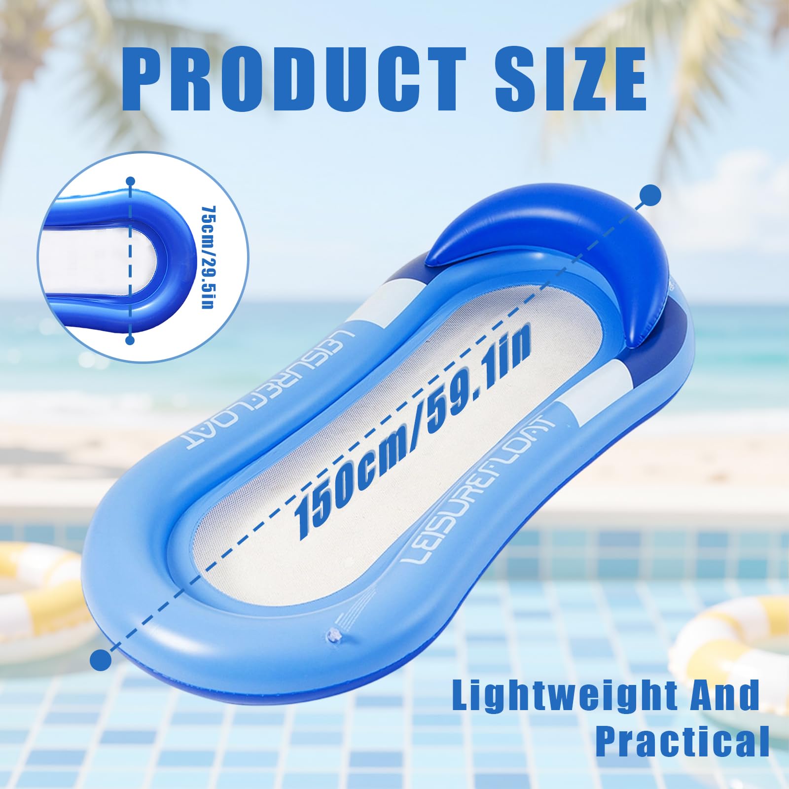 Amaca ad acqua con rete, lettino gonfiabile con poggiatesta, materasso ad aria per piscina per adulti, 150 x 70 cm, lettino da piscina per adulti, per piscina, lago e spiaggia, accessorio per piscina