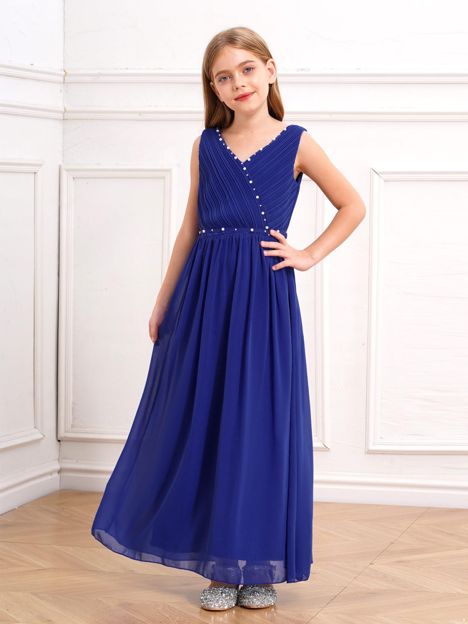ranrann Robe de Cérémonie Fille Long sans Manches avec Perles Nœud Papillon | Robe Mariage,Demoiselle d'Honneur,Princesse,Bal,Soirée,Communion,Fête,Anniversaire pour Enfant 5-16 Ans