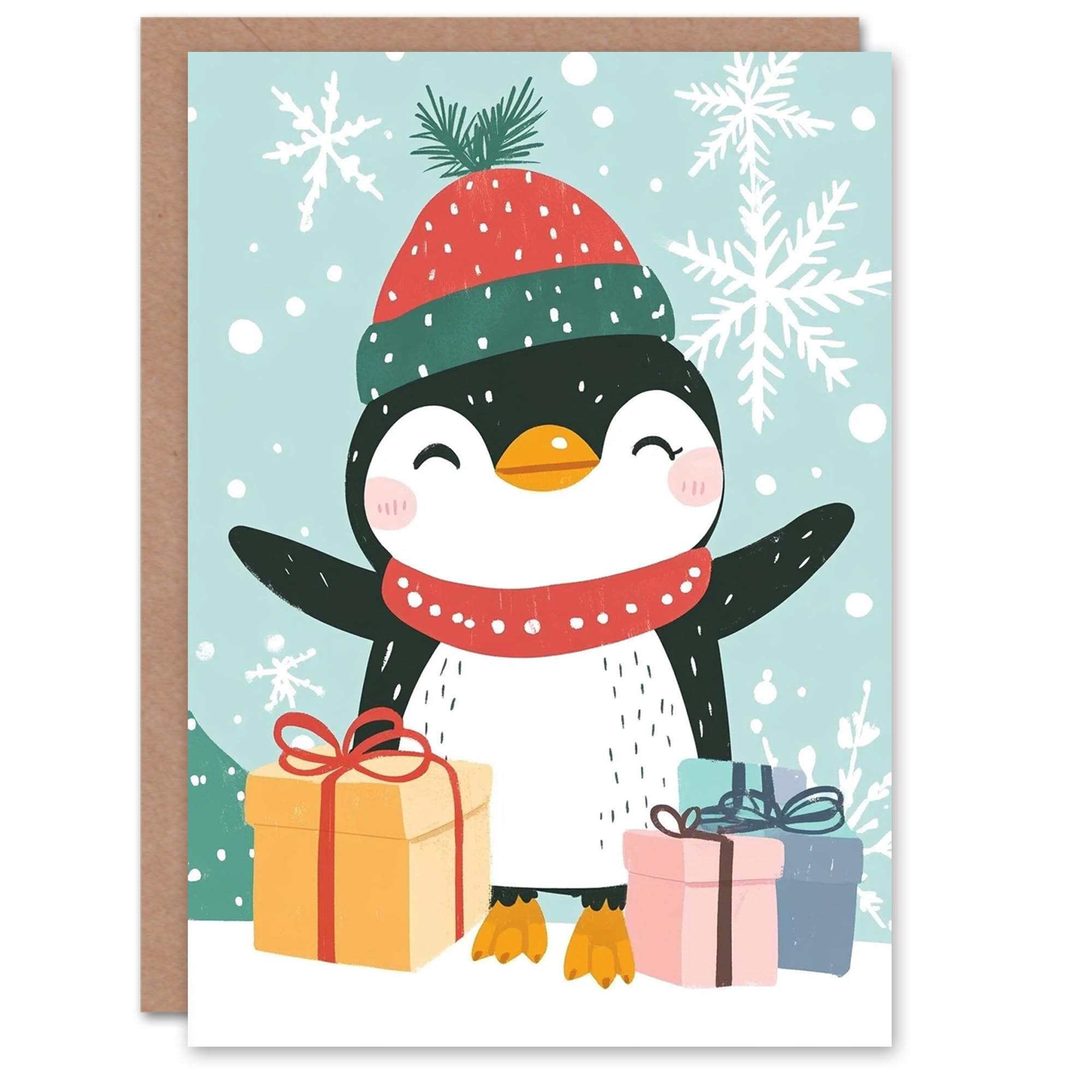 Happy Penguin With Winter Hat And Presents Christmas Fun Gift Festive Xmas Card