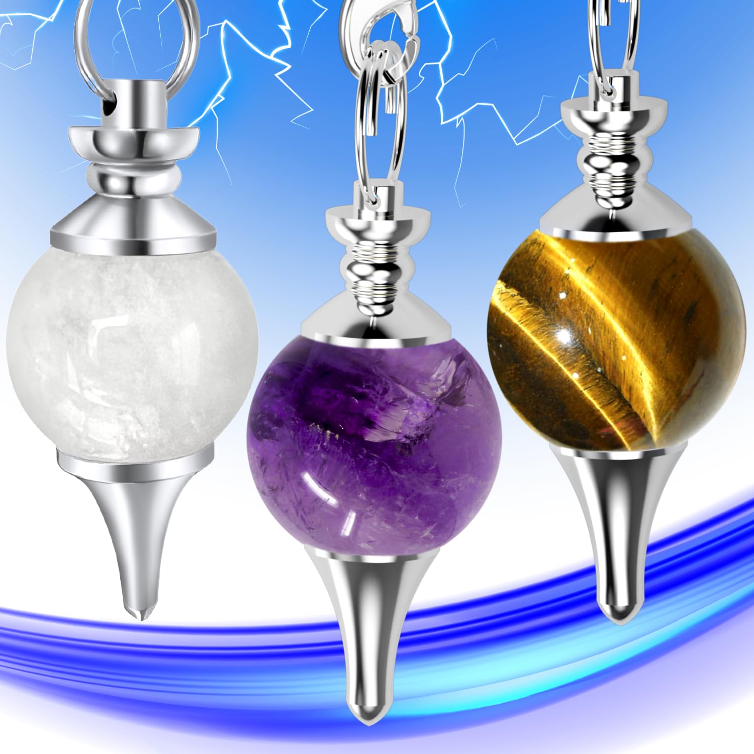 Pendule divinatoire de Radiesthésie en Améthyste, Cristal de Roche et Œil de Tigre – Pendules Sephoroton en Pierre Naturelle – 14 GR [𝐆𝐀𝐑𝐀𝐍𝐓𝐈𝐄 𝐀 𝐕𝐈𝐄]