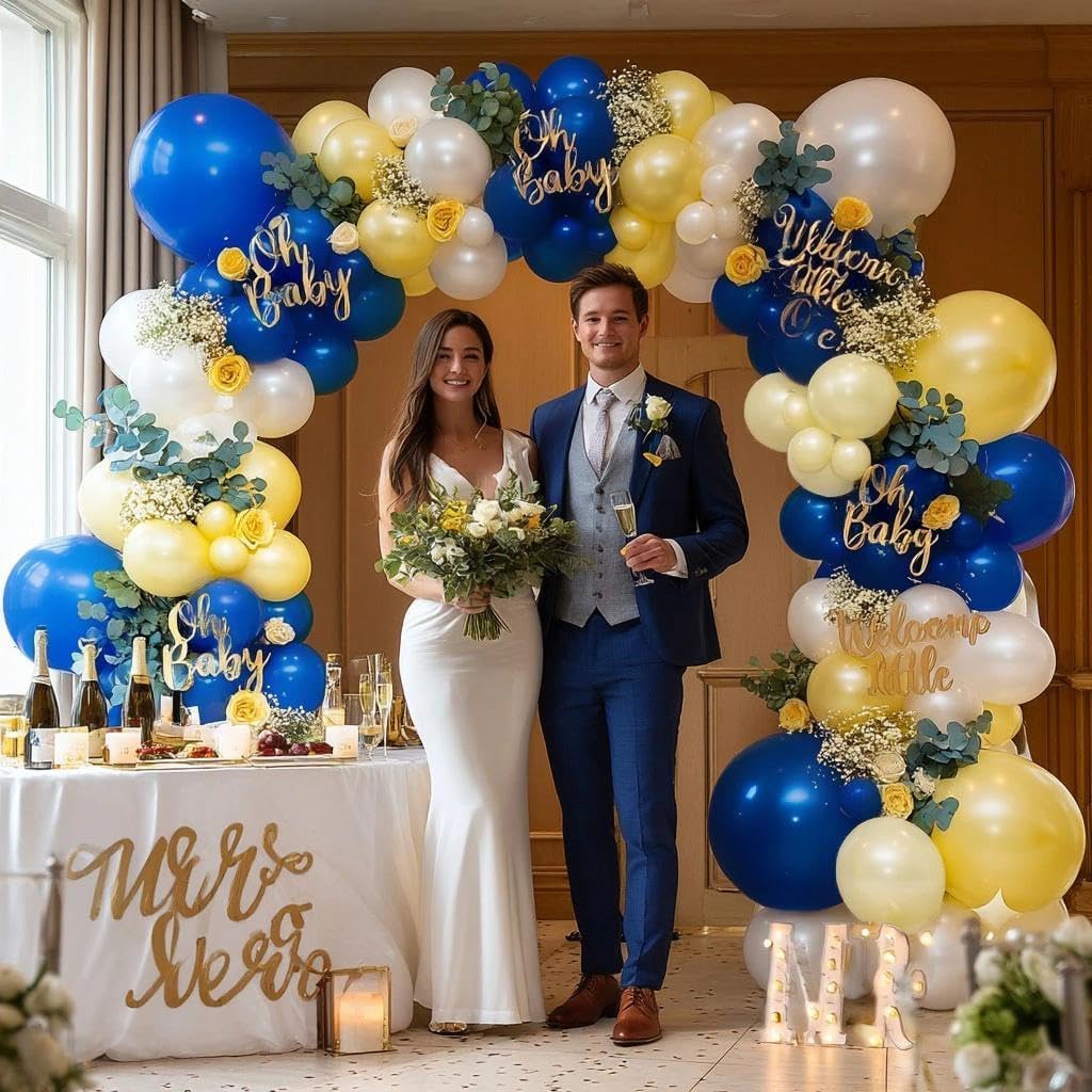 Blue Yellow Balloons Garland Double Stuffed Pearl Yellow White Royal Blue Balloon Arch Kit for Wedding Bridal Baby Shower Lemon Birthday Party Decoration