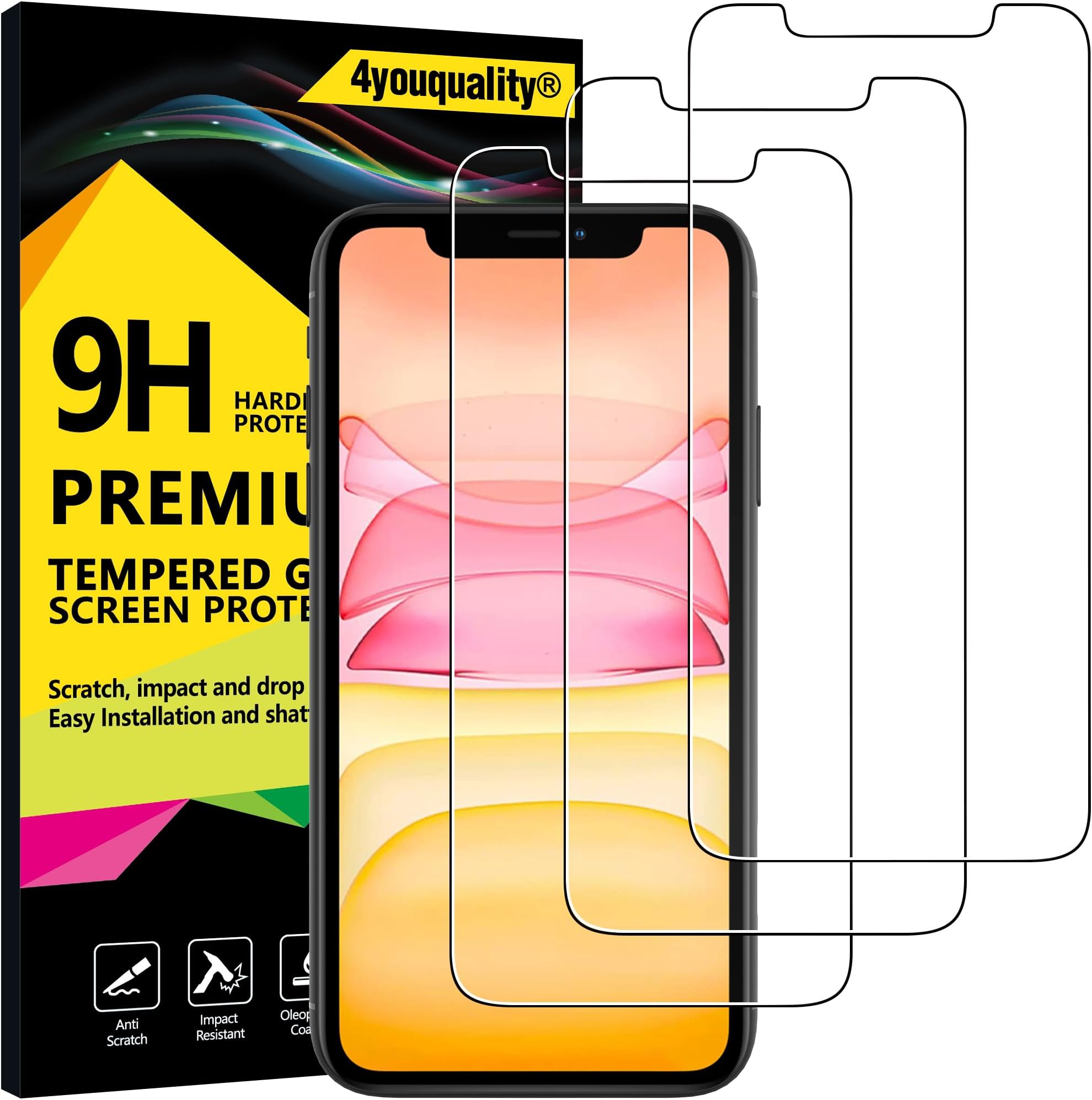 4youquality (3-Pack iPhone 11 & iPhone XR Screen Protector, Tempered Glass Film, [LifetimeSupport][Scratch-Resistant][Anti-Shatter] Screen Protector for iPhone XR & iPhone 11