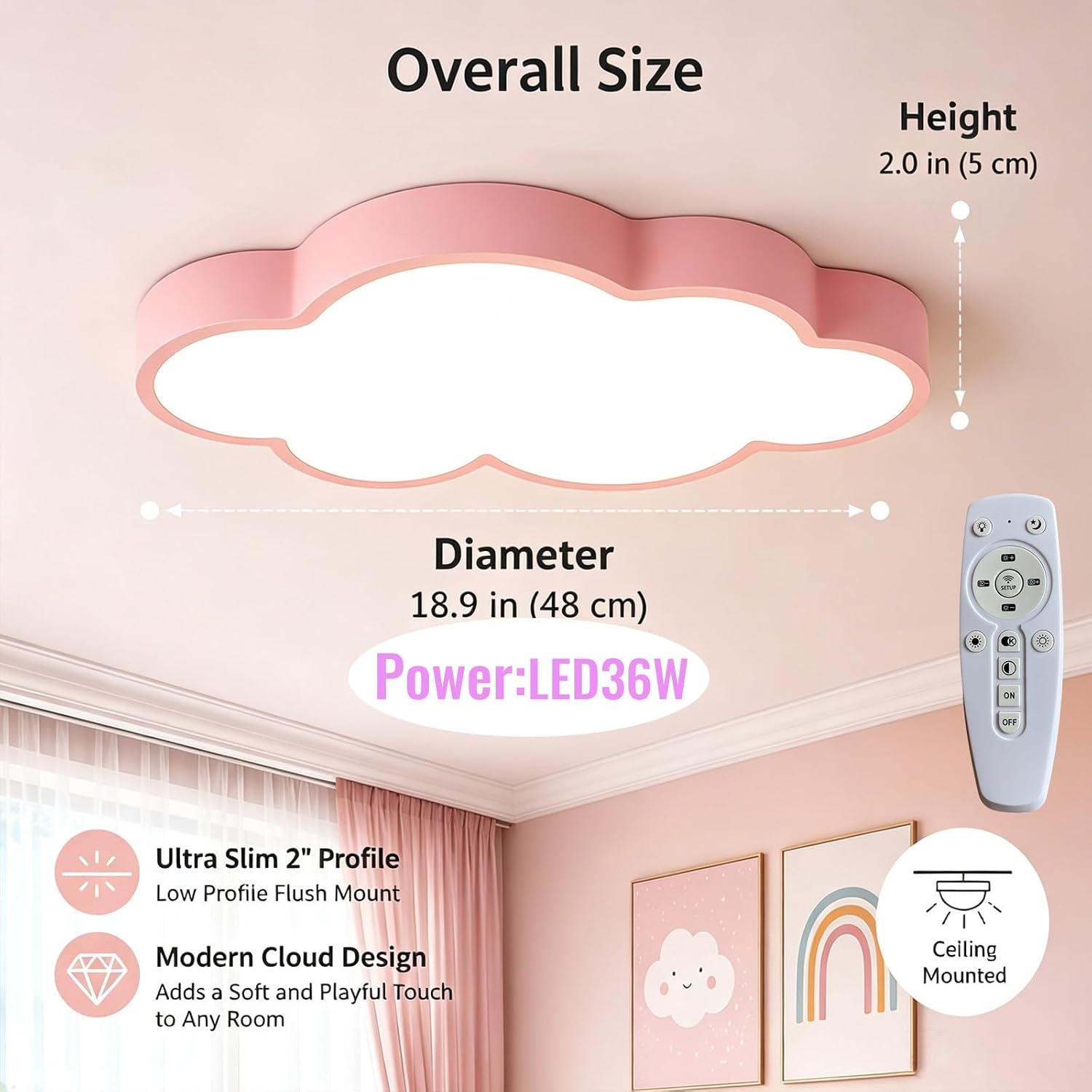 19in/36W Cloud Design Ceiling Light, Pink, Kids Room With remote control image 4