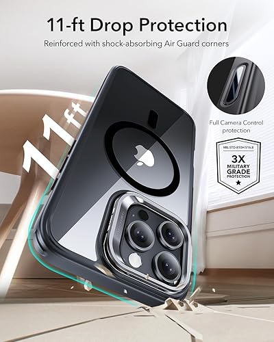 Vista 436 de ESR - Funda para iPhone 15 compatible con MagSafe, funda protectora de grado militar con soporte integrado, cubierta trasera resistente a