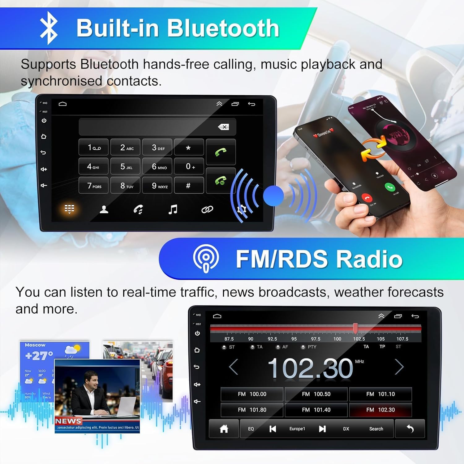 Image showing the car radio display with Bluetooth calling interface and FM radio tuner with RDS information.