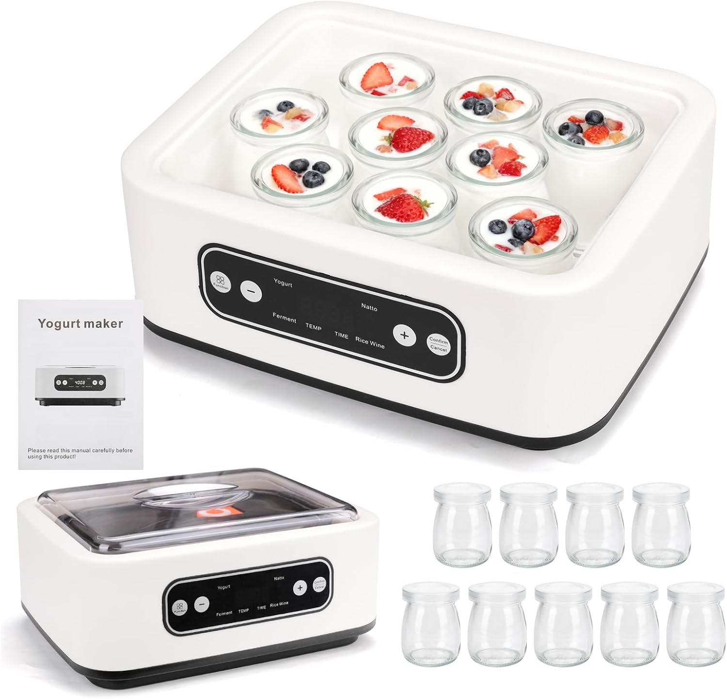 Homemade Greek yogurt comes with 9 jars, temperature control and intelligent timer, multi-purpose rice wine, fermentation, natto, etc (White)