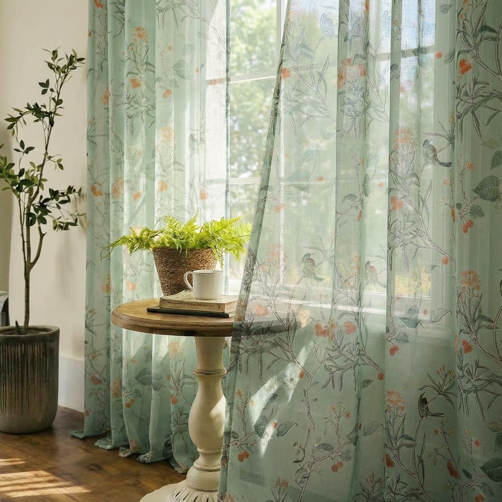 XTMYI Cottage Core Curtains for Kitchen, Nature Cottagecore French Country Farmhouse Green Vintage Bird Floral Sheer Panel for Bedroom Living Room Furniture Bathroom Decor, 63 Inch Length 2 Panels