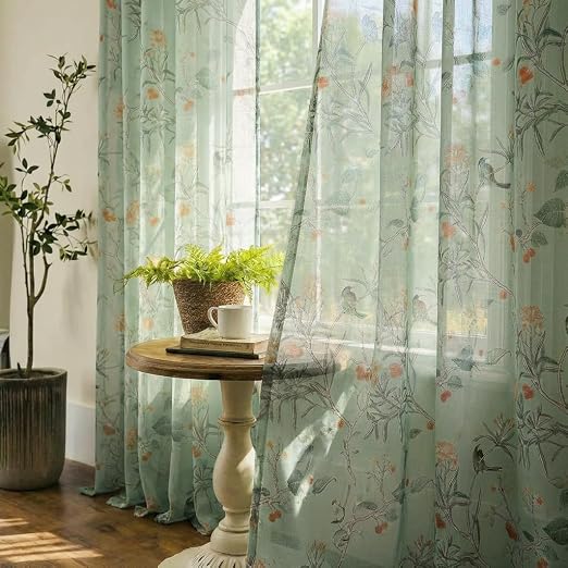 Sage Green Curtains for Living Room 84 Inches Long 2 Panels Set Leaf Spring Printed Pattern Floral Bird