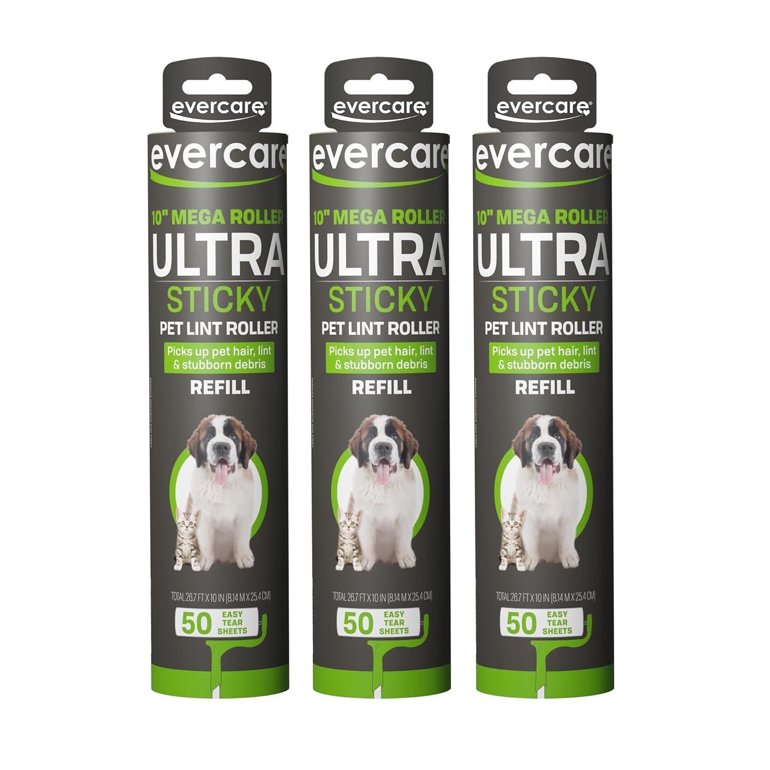 Evercare Pack of 3 All-Purpose Pet Mega Oversized Lint Roller Refills 50 Sheets Each