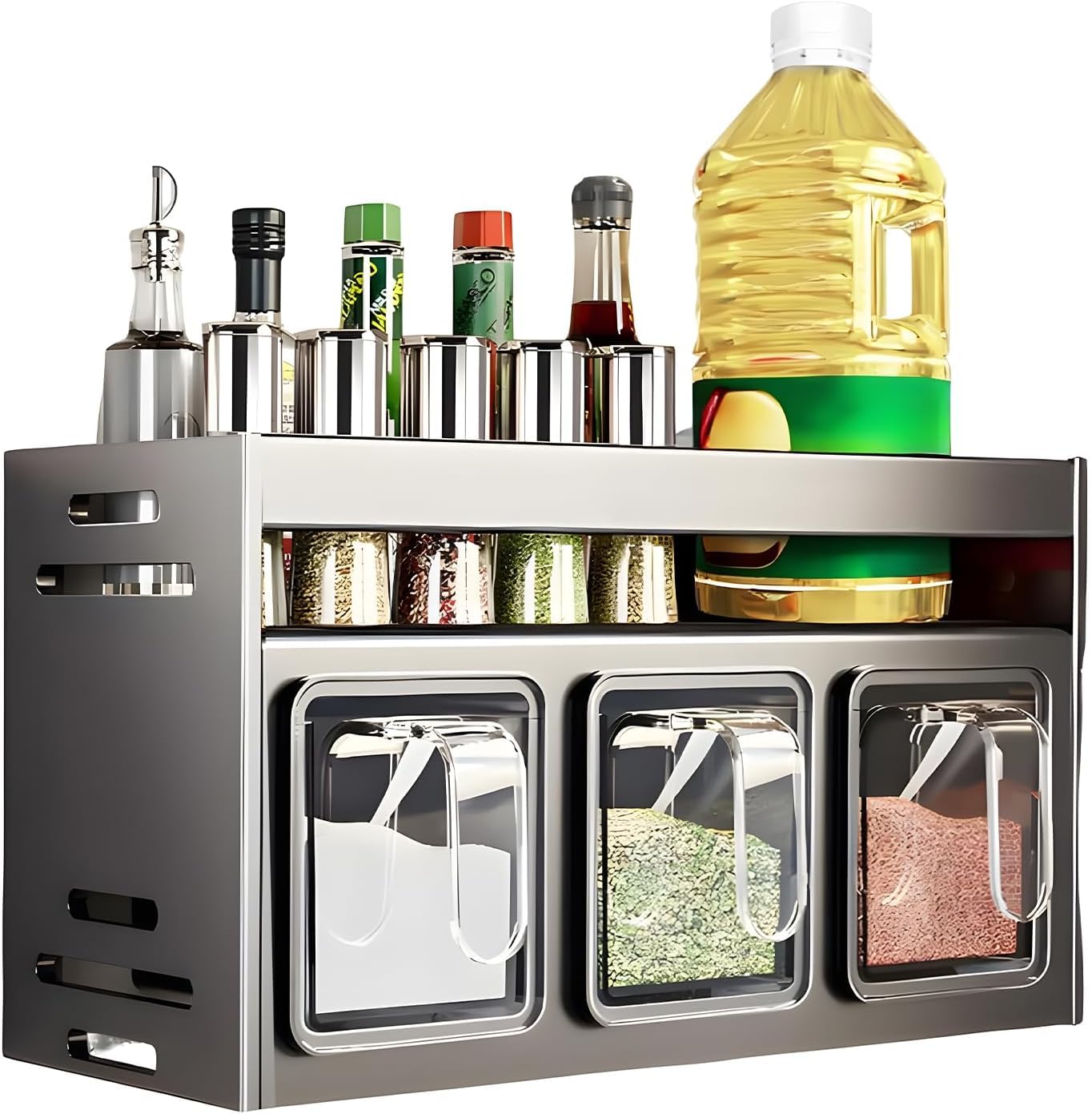 Kitchen Spice Rack, Multifunctional Double Layer 3 Grid Condiment Organizer, Punch-Free Wall/Countertop Storage for Cabinets, Kitchen Storage Organizer, Space-Saving & Durable (Gray)