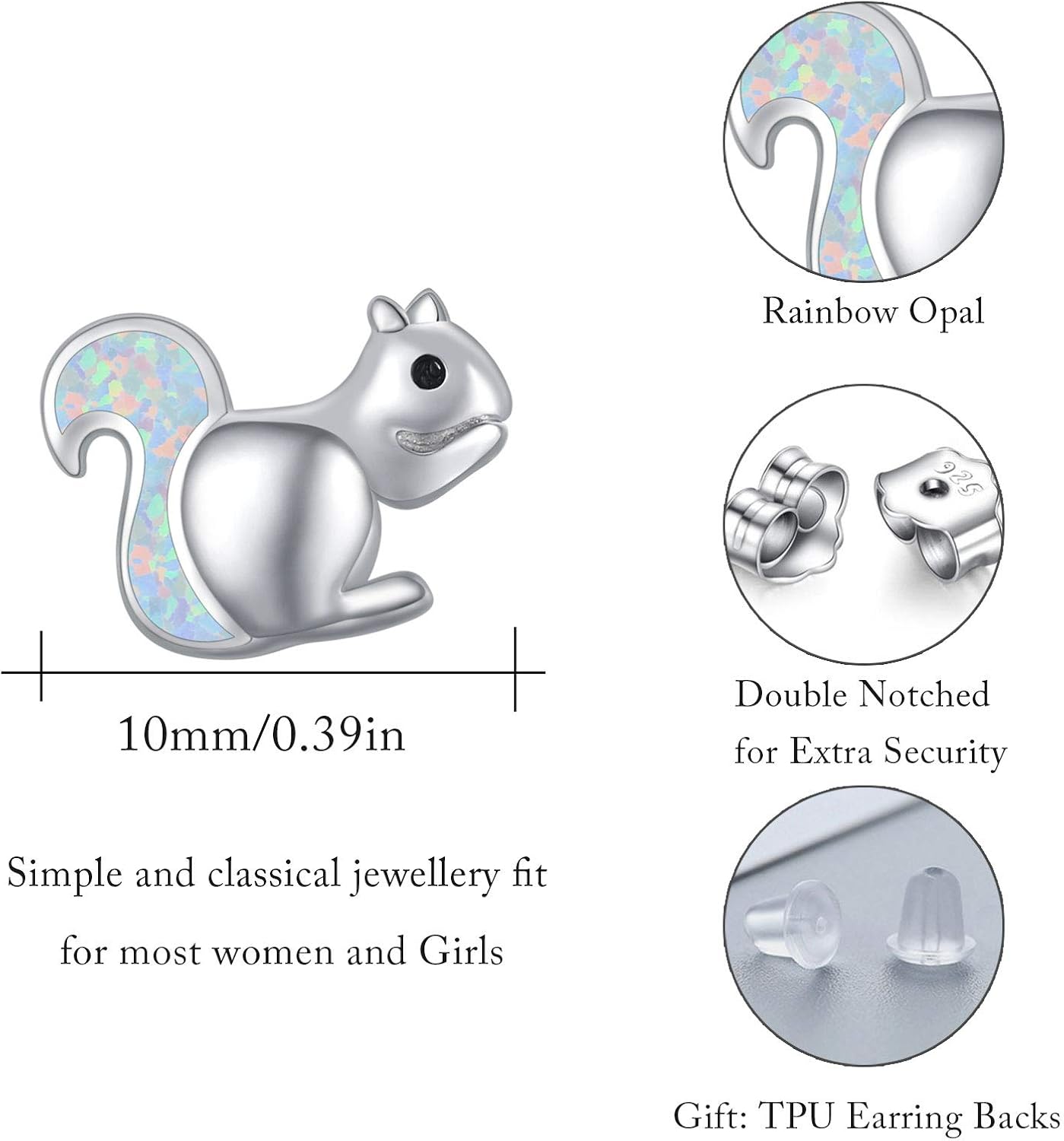 Squirrel Earrings Sterling Silver Cute Opal Little Squirrel Earrings Hypoallergenic Stud Lovely Small Animal Jewelry Gift for Women Girlfriend Daughter Teen Sensitive Ears - Image 3