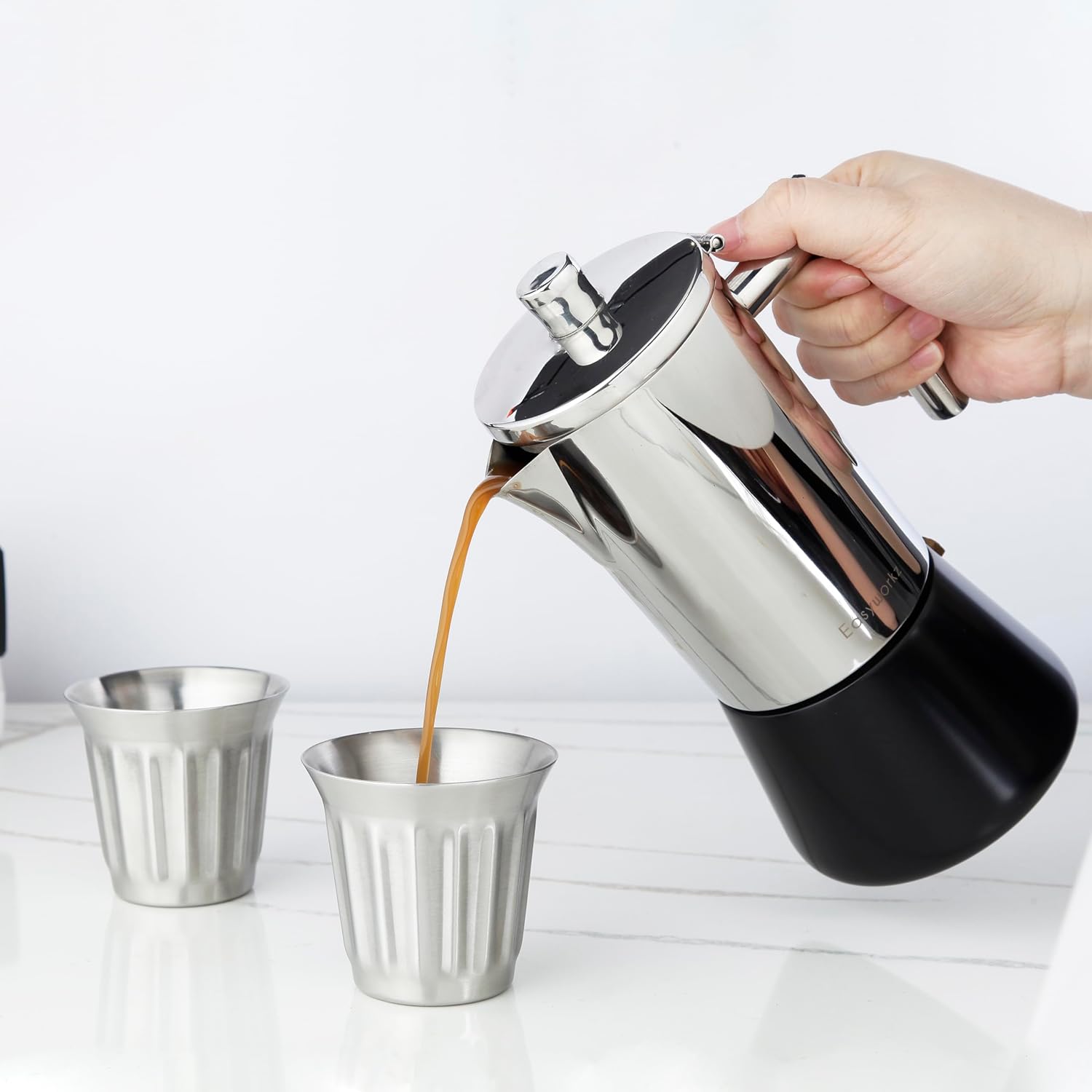 Easyworkz Stainless Steel Double-Wall Espresso Cups 5 oz Set of 2, Vertical Stripe Design, Brushed Silver, Bundled with Diego Stovetop Espresso Maker Stainless Steel 12Cup 17.5 oz Induction Moka Pot