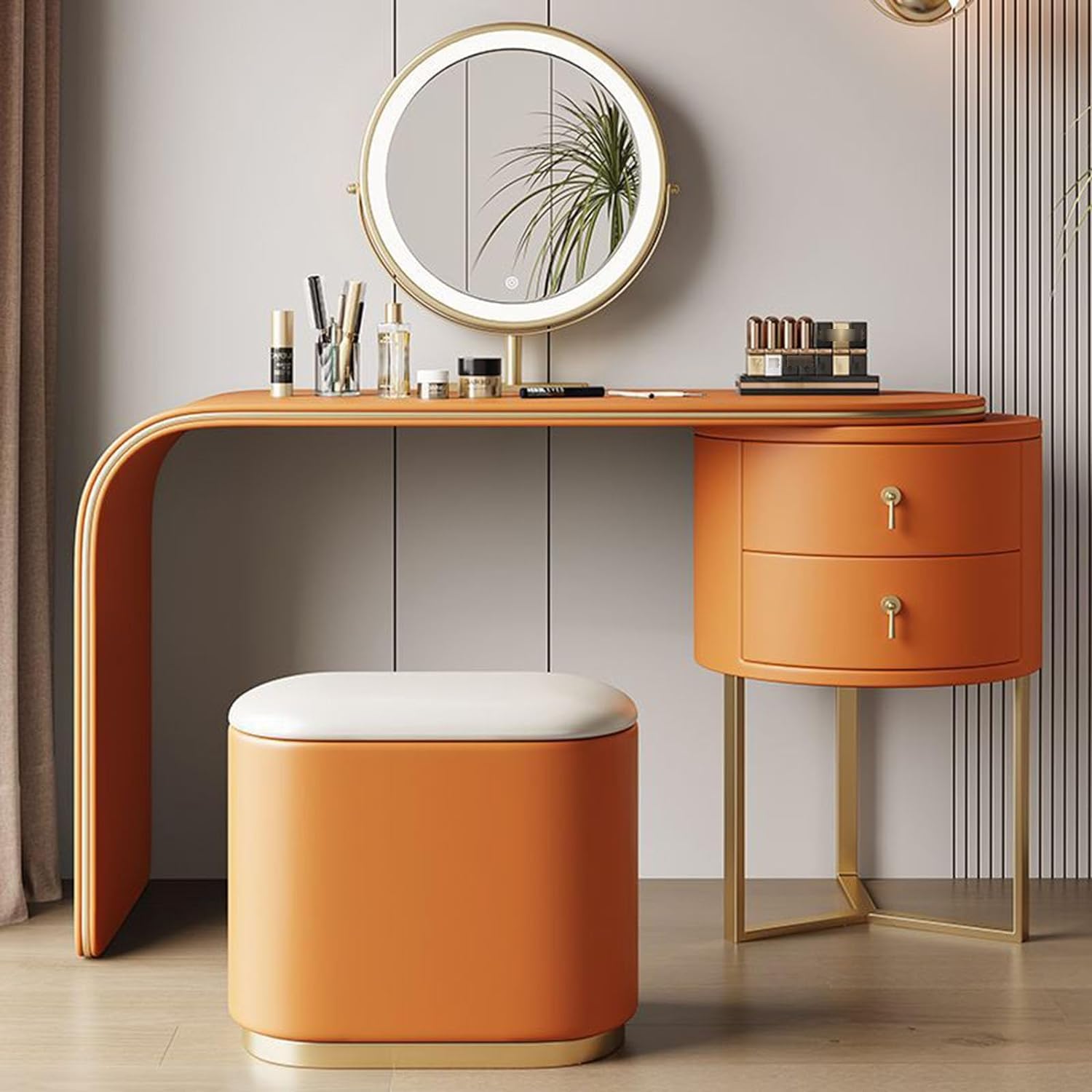 asdchZen Modern Makeup Desk Set With 360°Rotatable Mirror 3 Lighting Modes Adjustable Brightness 2 Drawers-Stylish Bedroom Vanity Table For Beauty And Nizing,Orange-100