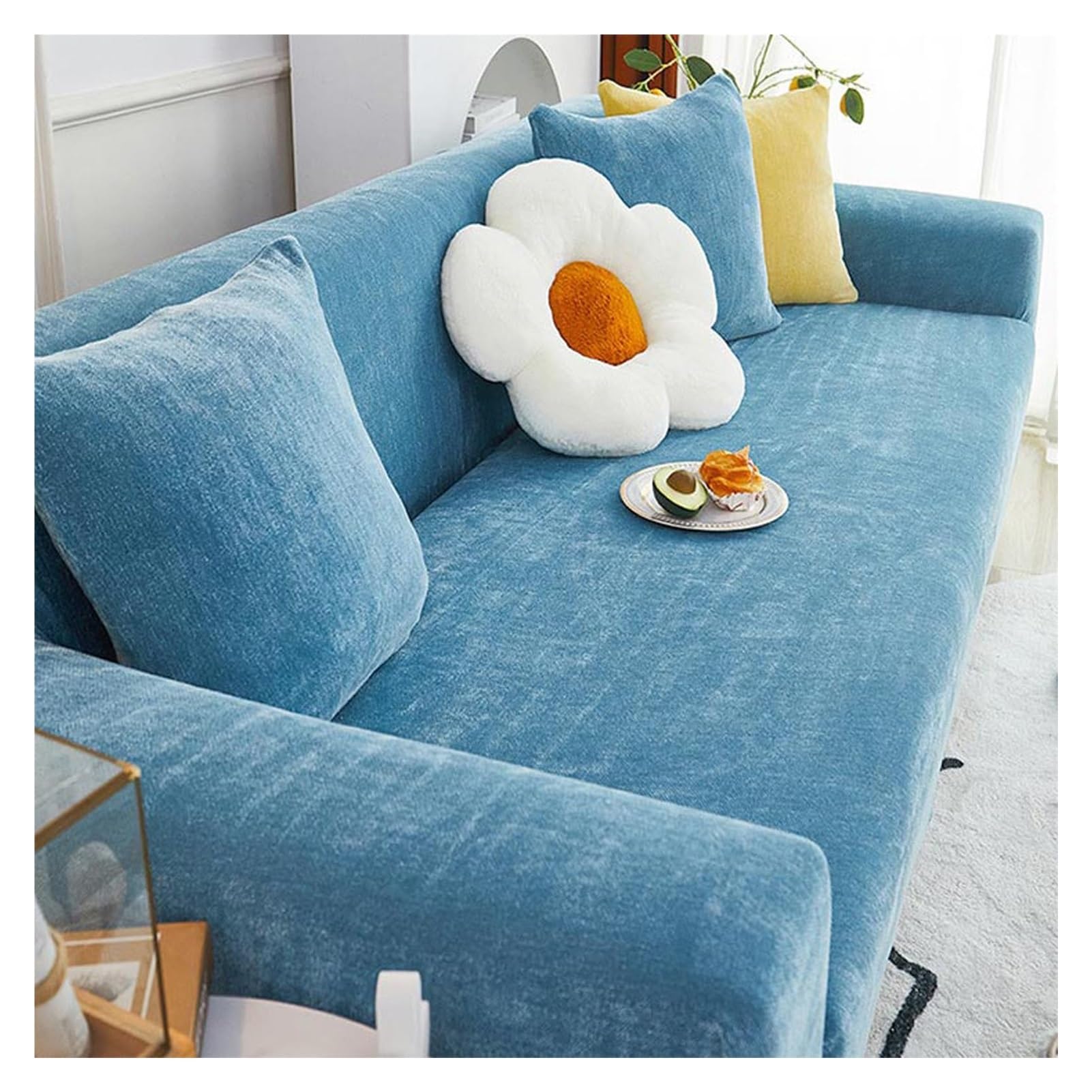 Housse de canapé d'angle en L chenille 5 places 305-360cm gris