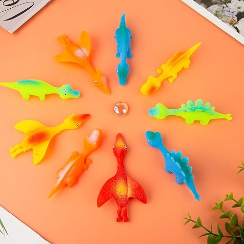 Miniatura 6 de POPLAY 20 juguetes de dedo de dinosaurio con tirachinas, dinosaurio volador, catapulta de dinosaurio, juguetes elásticos de dinosaurio para San