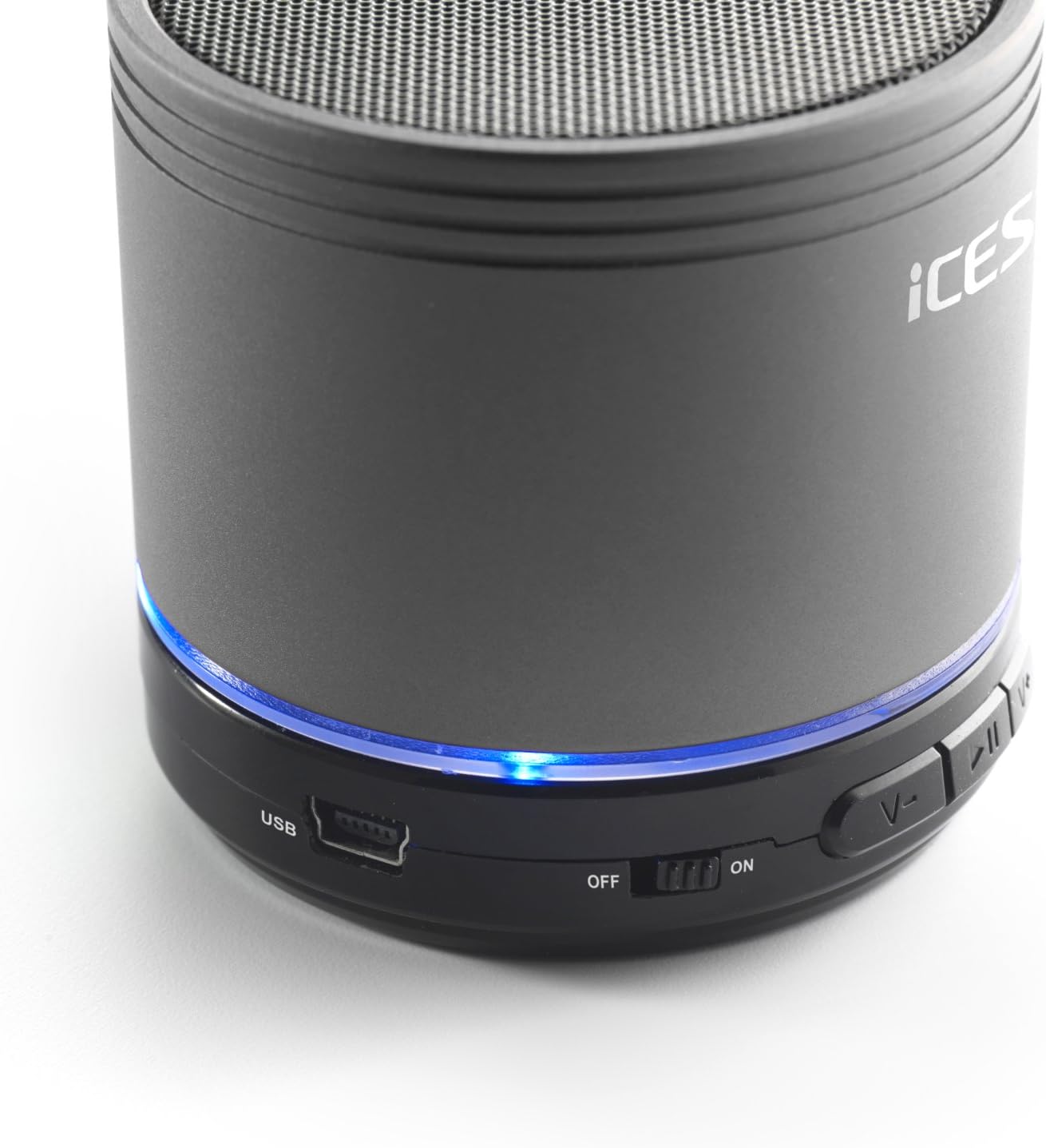 Close-up of the iCES IBT-1 speaker's base, showing the USB port and the ON/OFF switch.