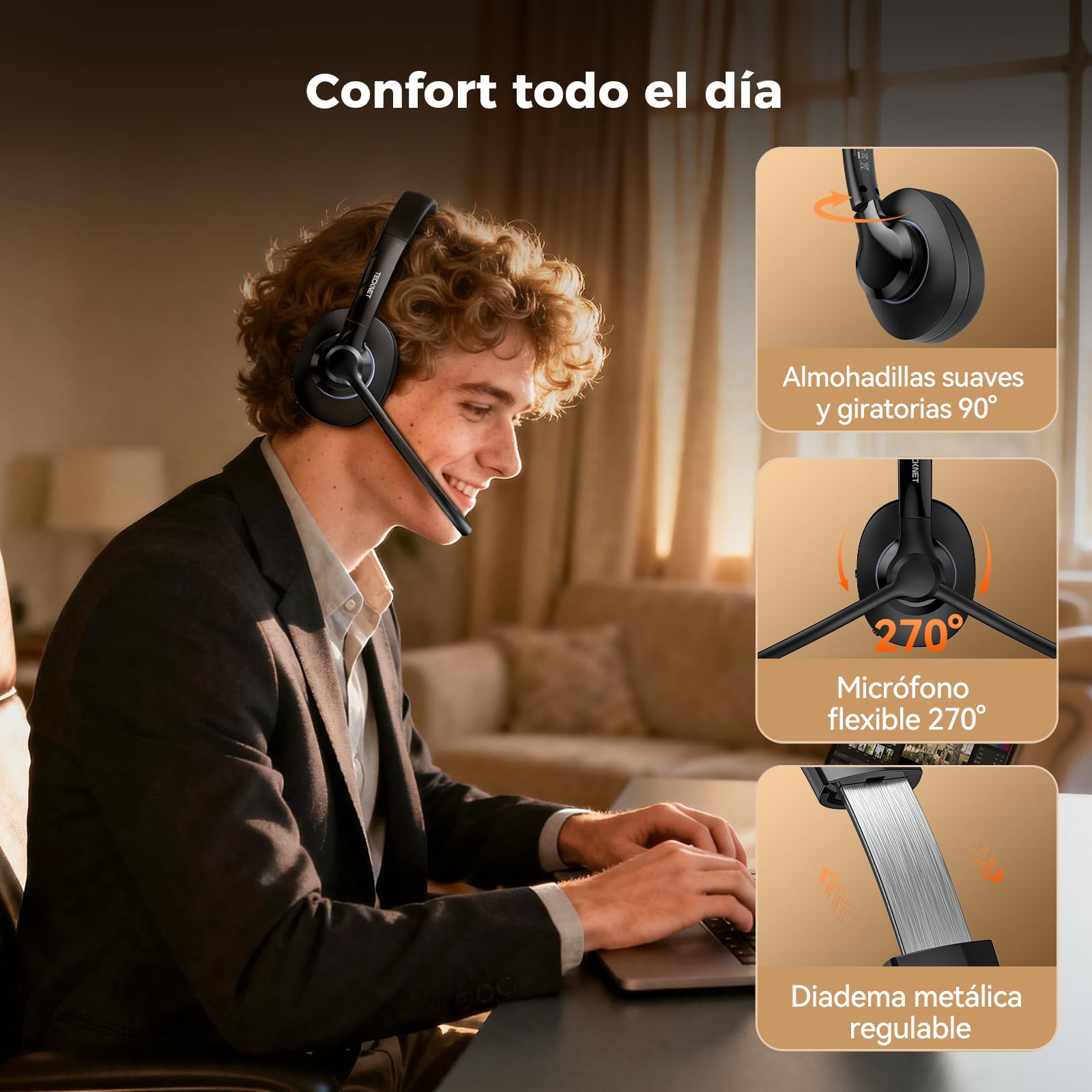 TECKNET Casque Bluetooth sans Fil avec Microphone, Casque Bluetooth V6.0 Casque Micro sans Fil À réduction de Bruit IA, USB-A, +50H d'Autonomie, pour Bureau/Conducteurs Routiers/Centres D'Appels