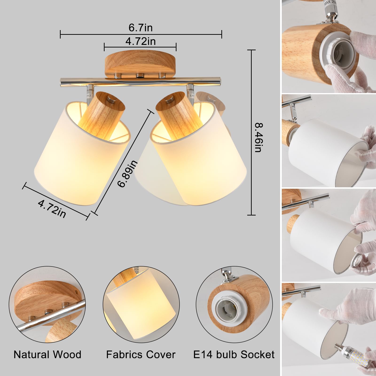 SANSHI faretti led soffitto in 2 punt，lampadario legno regolabile, Base E14 230V moderna Luce a parete,faretti soffitto per interni soggiorno, camera da letto, sala da pranzo (senza lampadine)