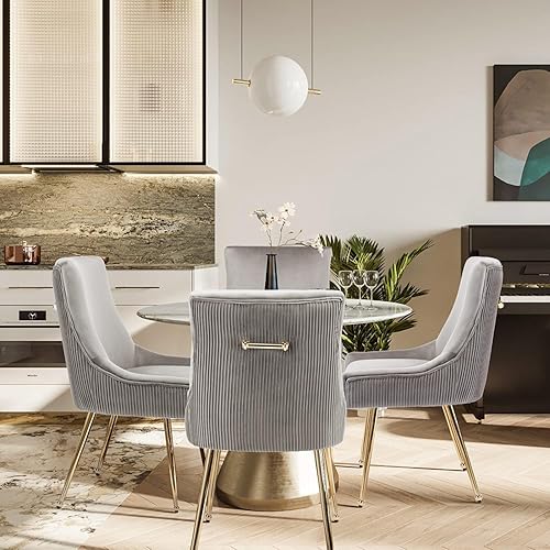 Miniatura 2 de Juego de 2 sillas de comedor modernas con patas de metal dorado, silla de cocina tapizada de terciopelo, respaldo plisado, silla decorativa de