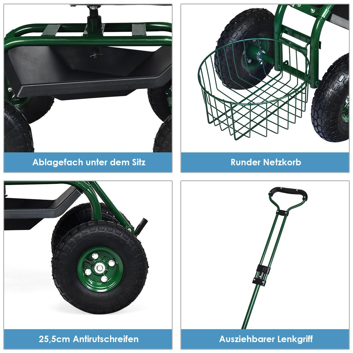 COSTWAY Rollsitz mit Rollen, Gartenwagen mit ausziehbarem Griff & Korb, höhenverstellbar | 360° drehbar | bis 150kg, fahrbarer Gartensitz, Gartenrollsitz für Gartenarbeit, Grün (96,5x48,5x45,5-54,5cm)