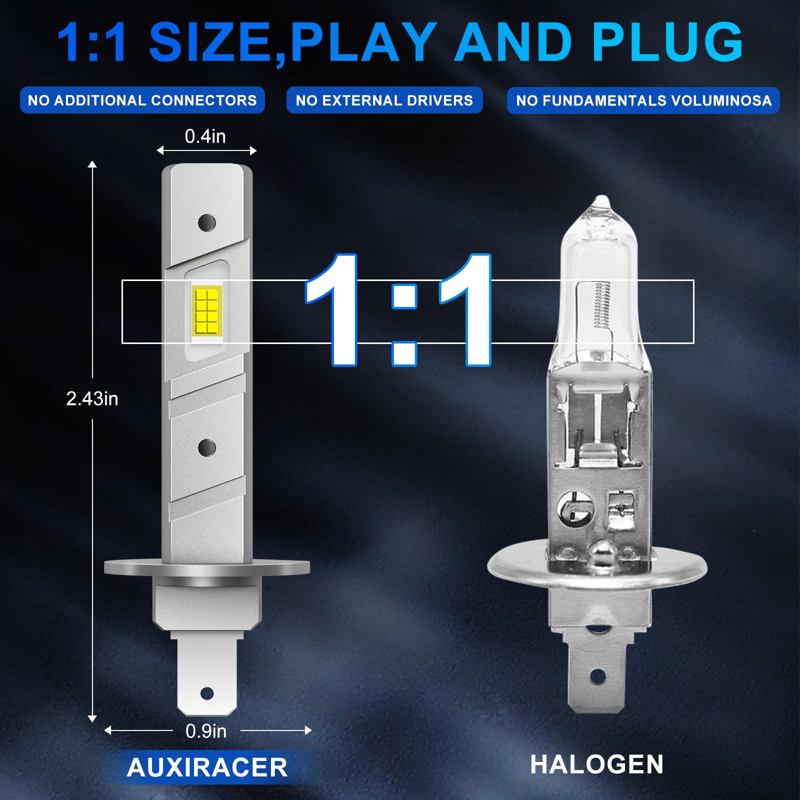 AUXIRACER H1 LED sans Polarité,30000LM 50W 6000K Blanche Phares LED H1 Voiture,Remplacement Halogène pour Feux de Route et de Croisement,Mini Kits Universels d'ampoules H1 IP68 Étanche,2 Pièces