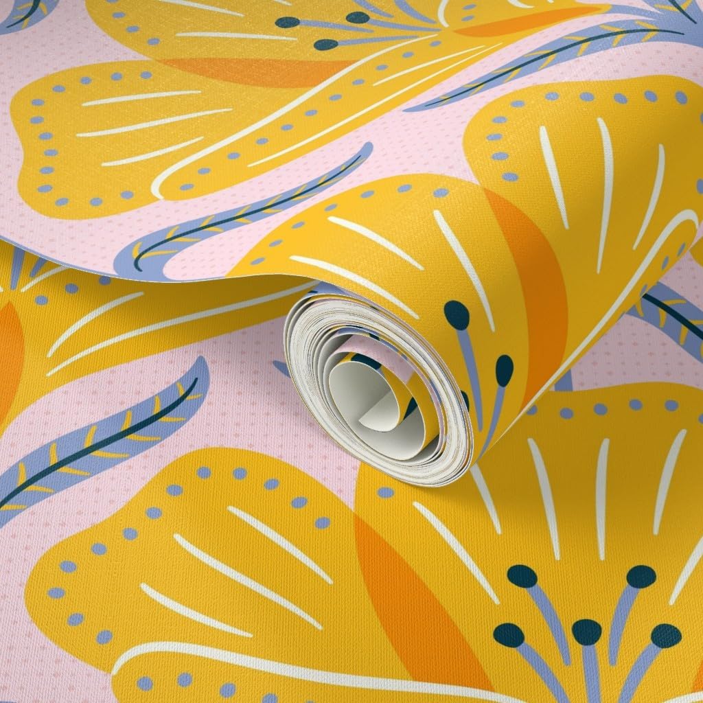 Peel & Stick Wallpaper Swatch - Maximalist Floral Large Scale Pink Orange Dopamine Decorating Scandinavian Botanical Seventies Custom Removable Wallpaper by Spoonflower