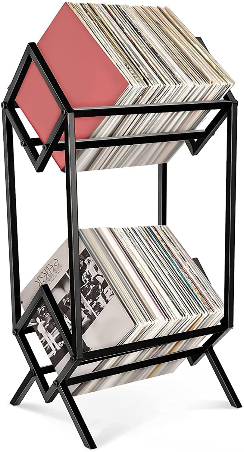 INDIAN DECOR. 455050 Vinyl Record Storage Holder - Black Vinyl Storage Rack Metal Modern Sturdy Record Holder for LP Album Book Storage Organizer (Double Layer)-image-21