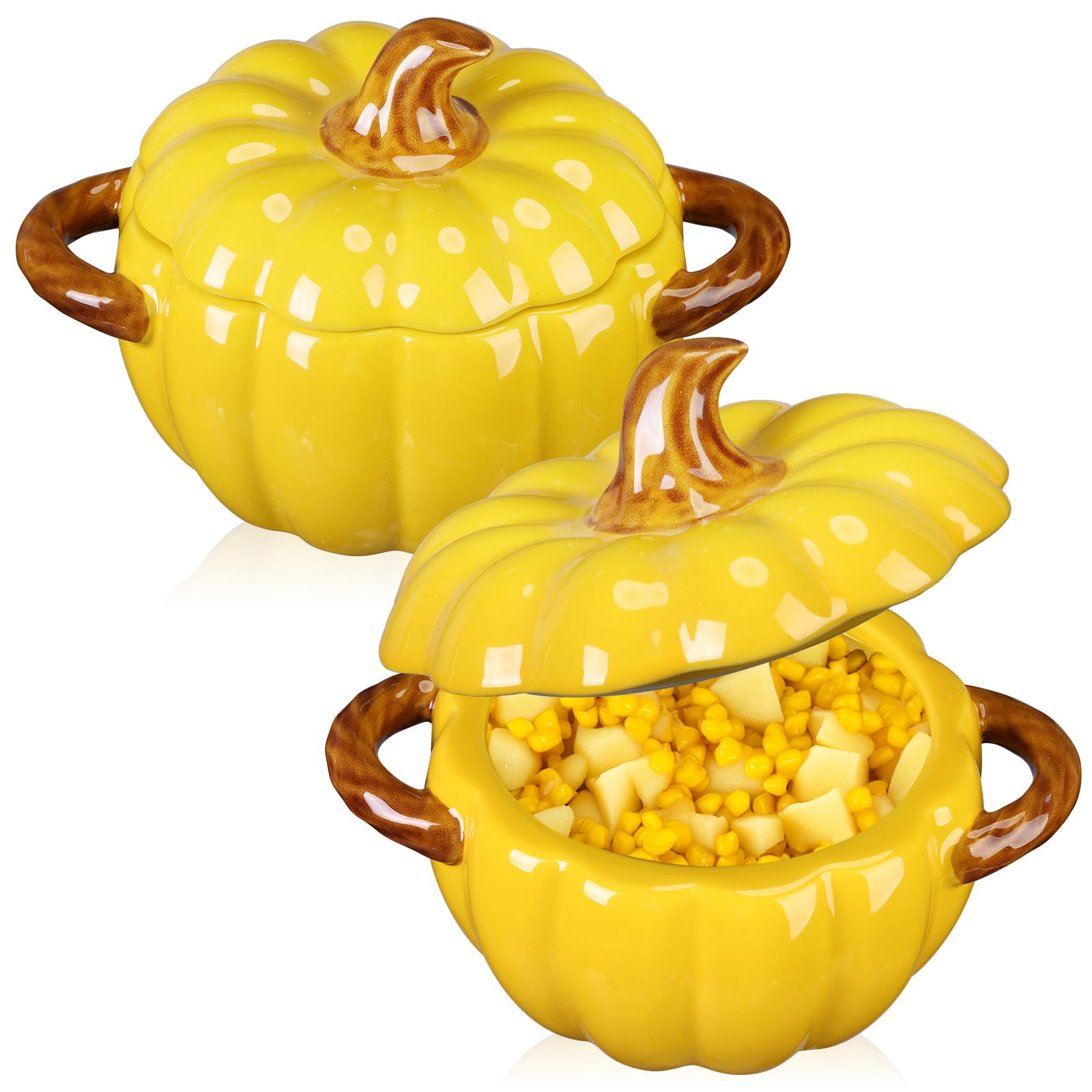 Uiifan Lot de 2 bols à citrouille en céramique de 500 ml pour la cuisine - Marmite mignonne sans danger pour la citrouille avec couvercle à double oreille pour Thanksgiving, automne, pâtisserie,