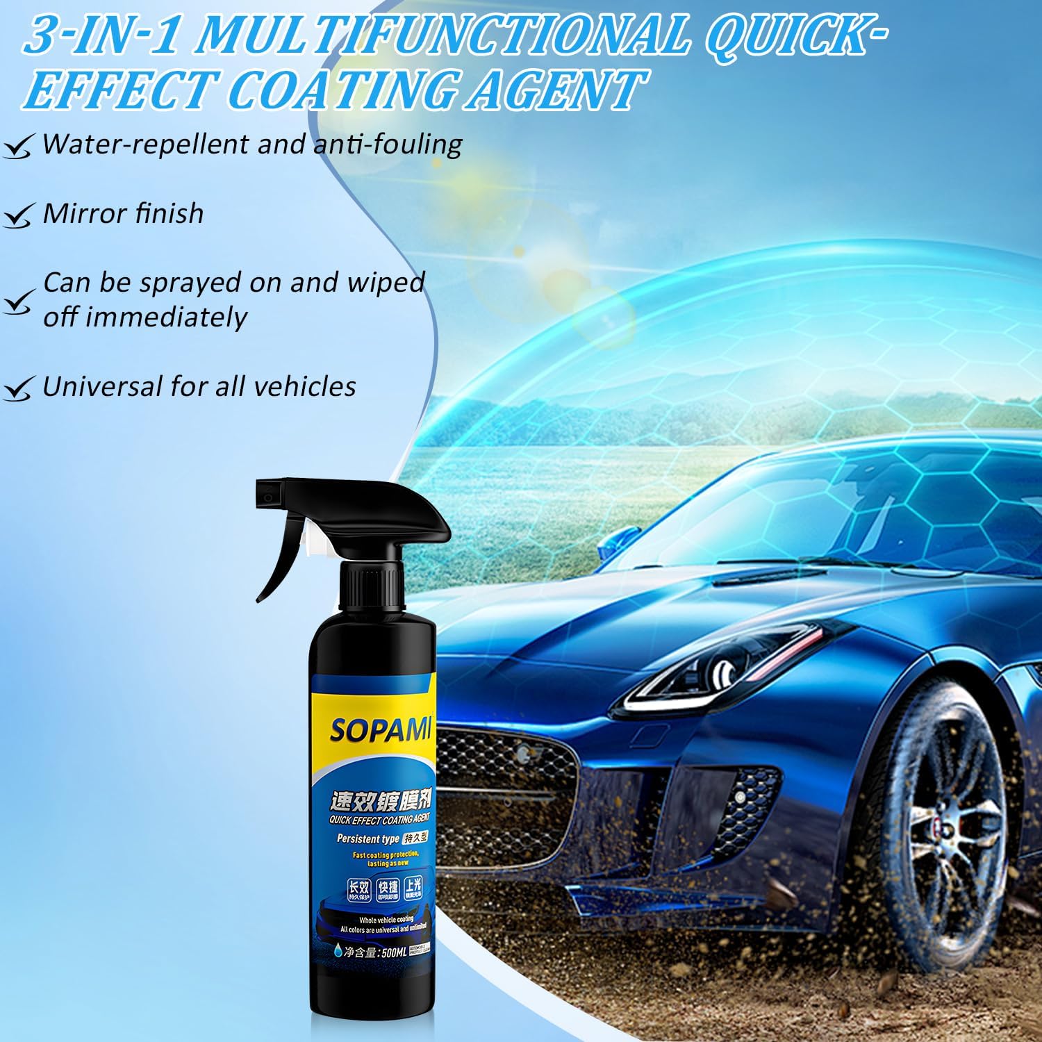 Sopami Car Coating Spray, 17.6 oz Quick Effect Coating Agent,Sopami Quickly Coat Car Wax,Sopami Car Scratch Wax Polish Spray Waterless Wash,Sopami Oil Film Emulsion Glass Cleaner(2PC+2*Sponge+2*Cloth) - Image 5