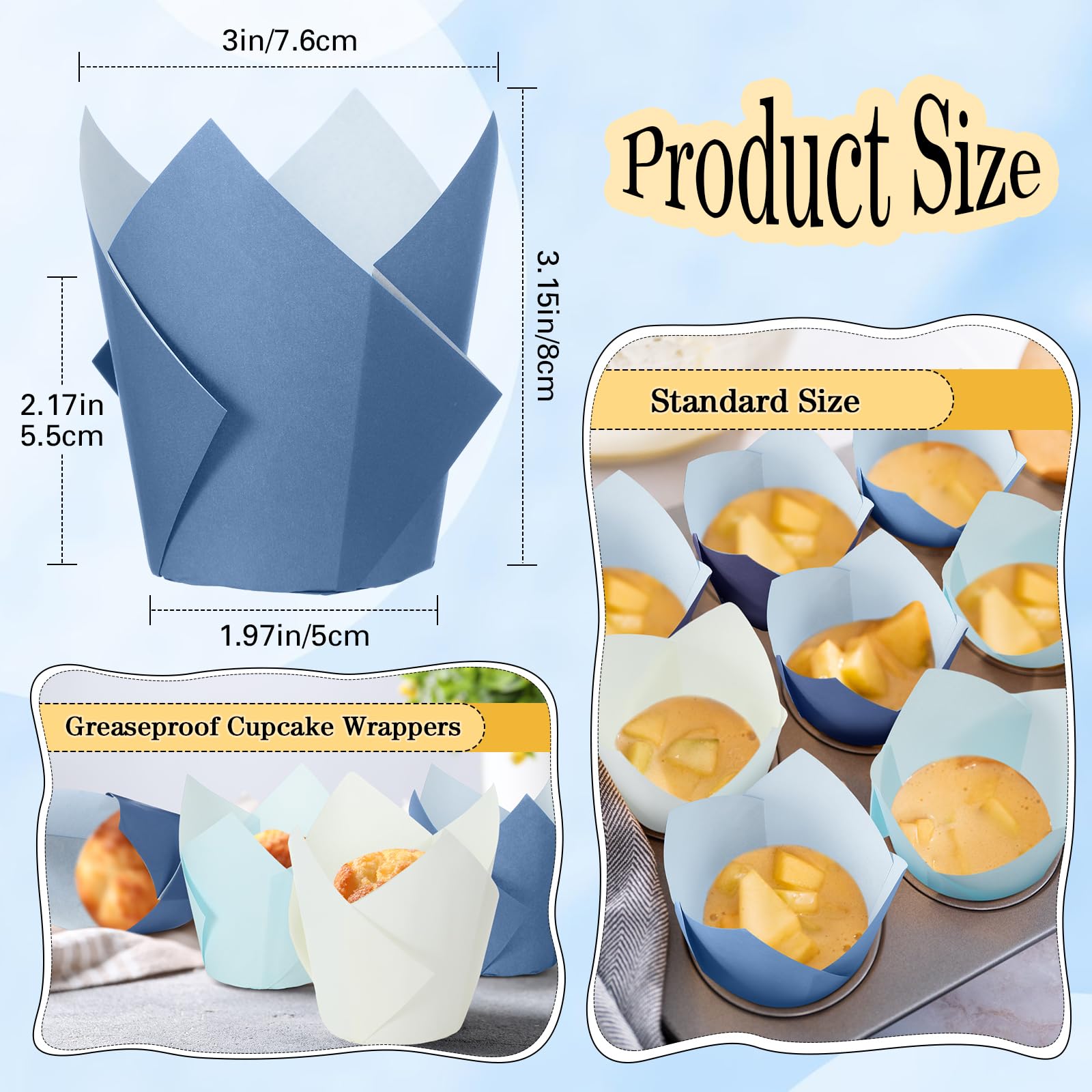Havawish 500 Pcs Standard Size Gradient Blue Tulip Cupcake Liners, Party Baking Liners Greaseproof Cupcake Wrappers Muffin Liner Baking Cups for Wedding Birthday Baby Shower Holiday Party
