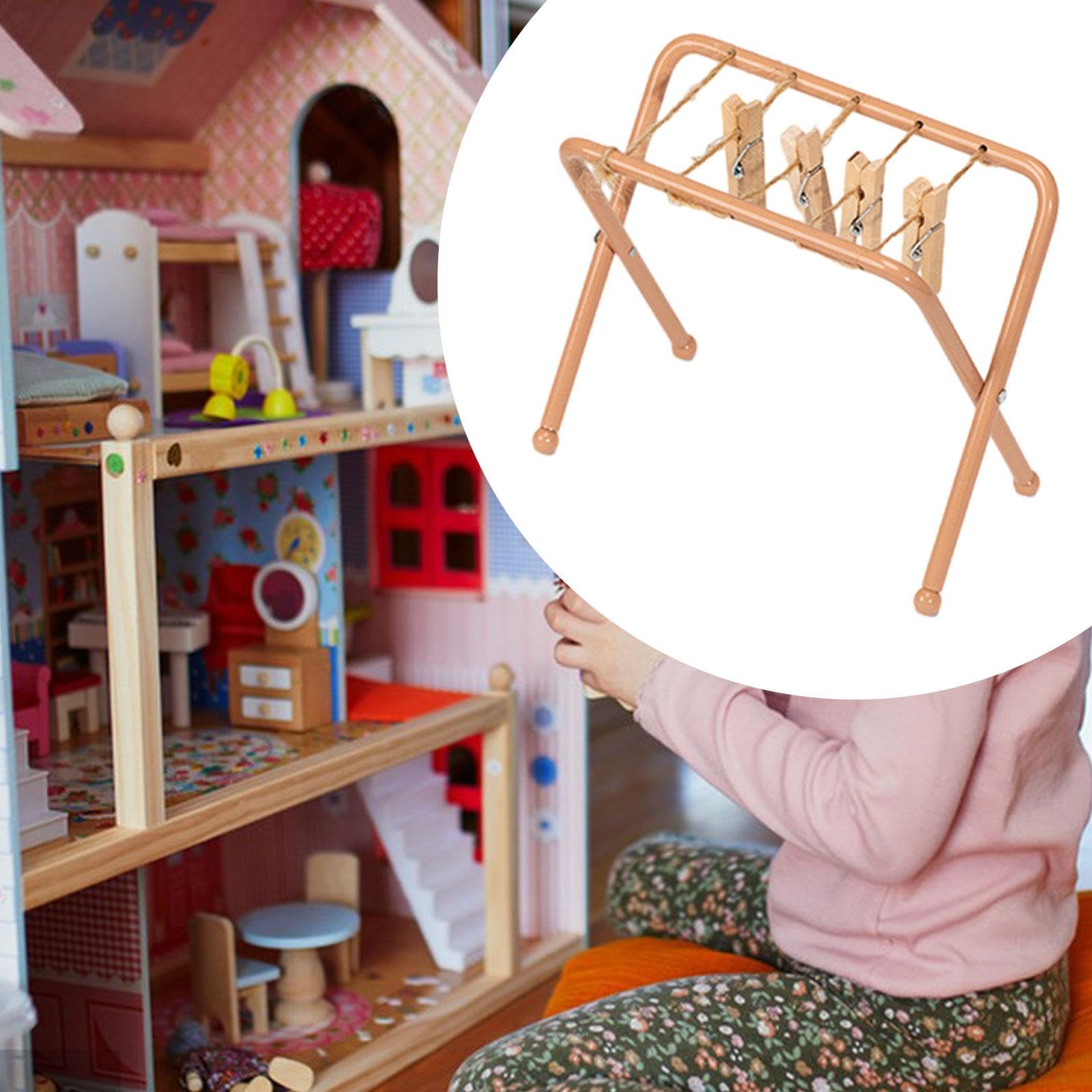 Stendibiancheria per Casa delle Bambole con Mollette, Classico Mobile in Miniatura per Scene di Giardini Fatati, Decorazione, Lavanderia, Marrone Chiaro