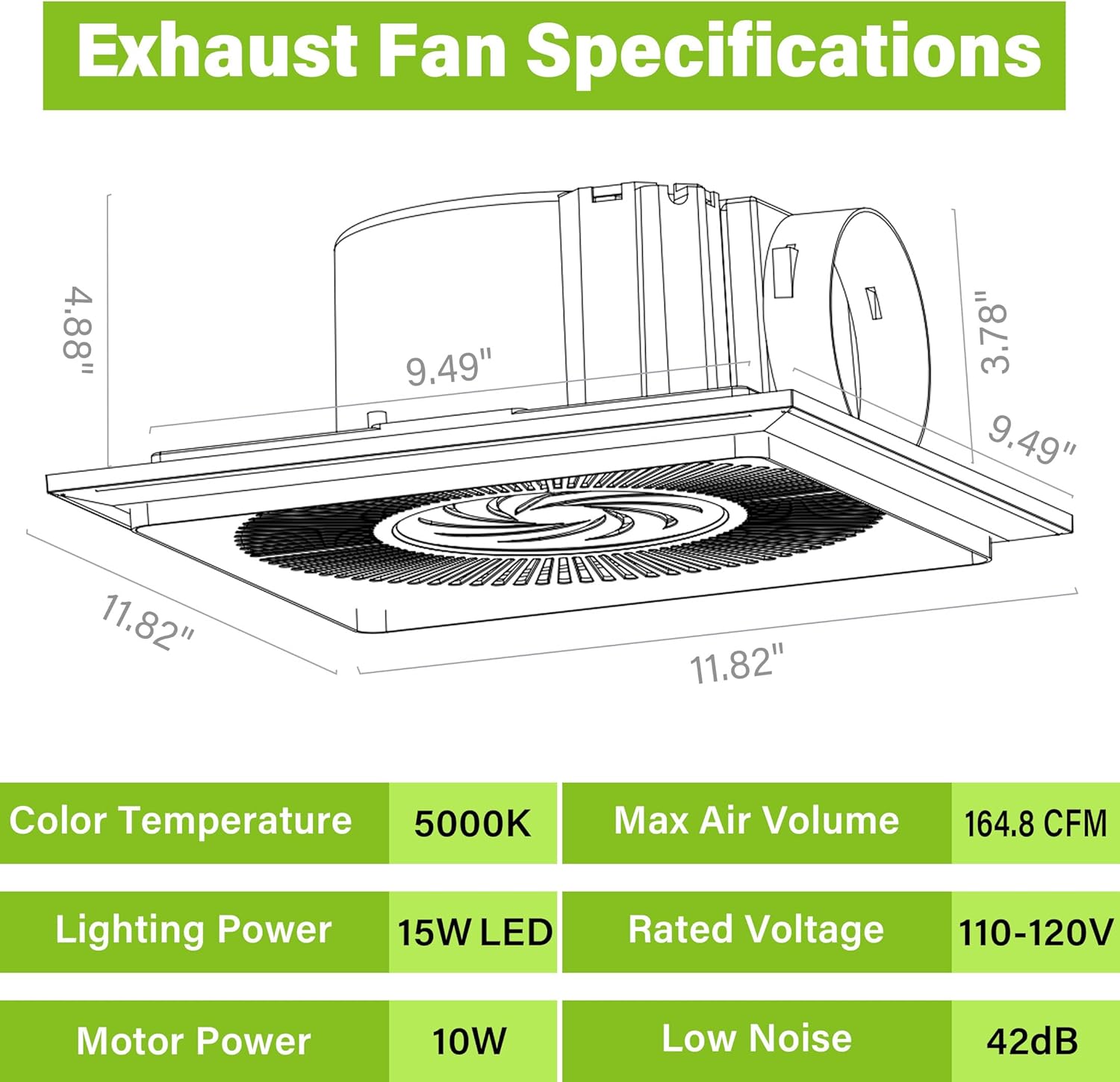 Bathroom Exhaust Fan with Led Light 11.8 inch 165CFM 1.2 Sones Bathroom vent fan with 3CCT Light Ultra Quiet Ceiling Mount Ventilation Fan for Home Bath Laundry Room