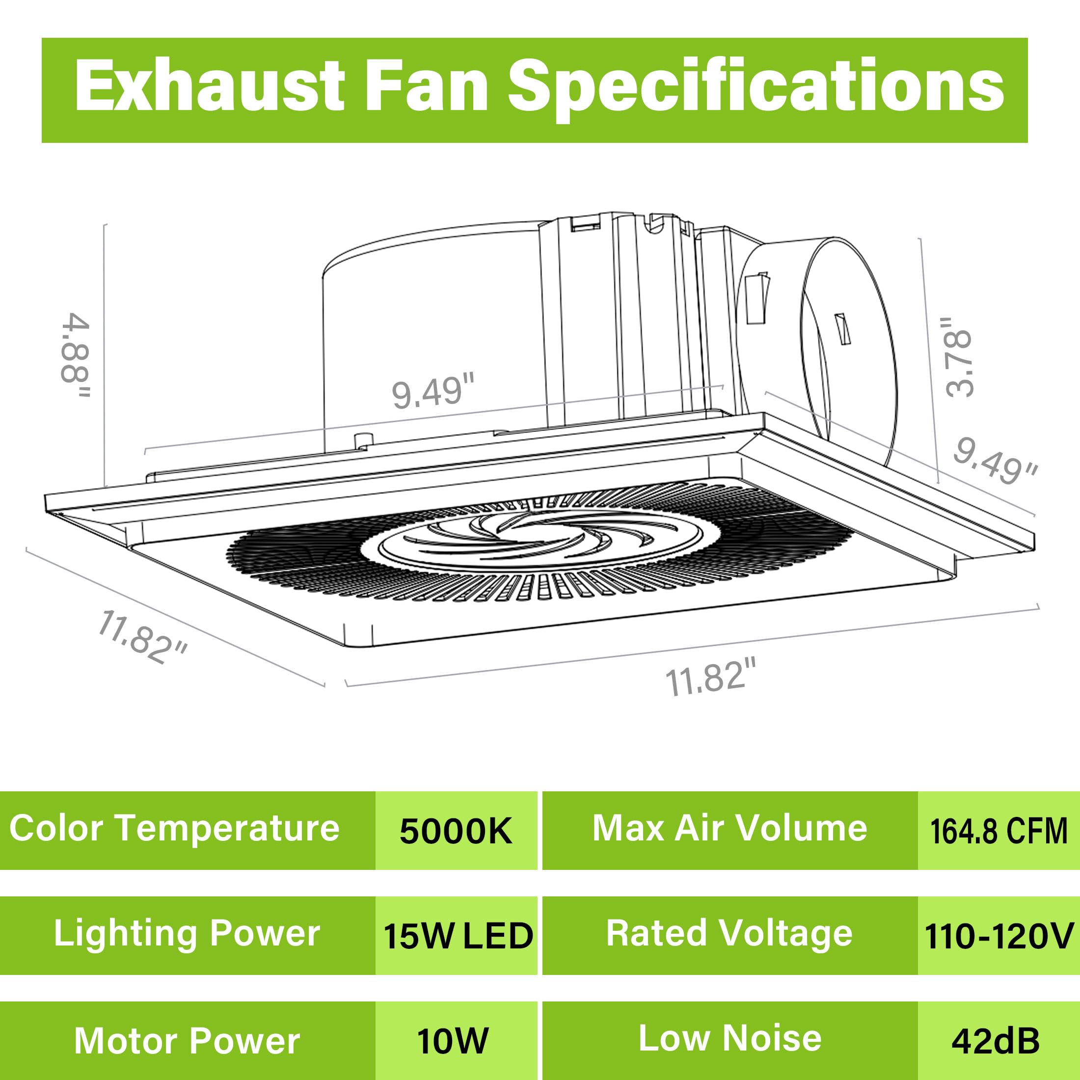 Ventola di scarico da bagno con luce, ventilatore da bagno da 30 cm con combinazione di luce LED da 15 W 3CCT, ventola di scarico da cucina da 165 CFM, ventola di ventilazione per bagno