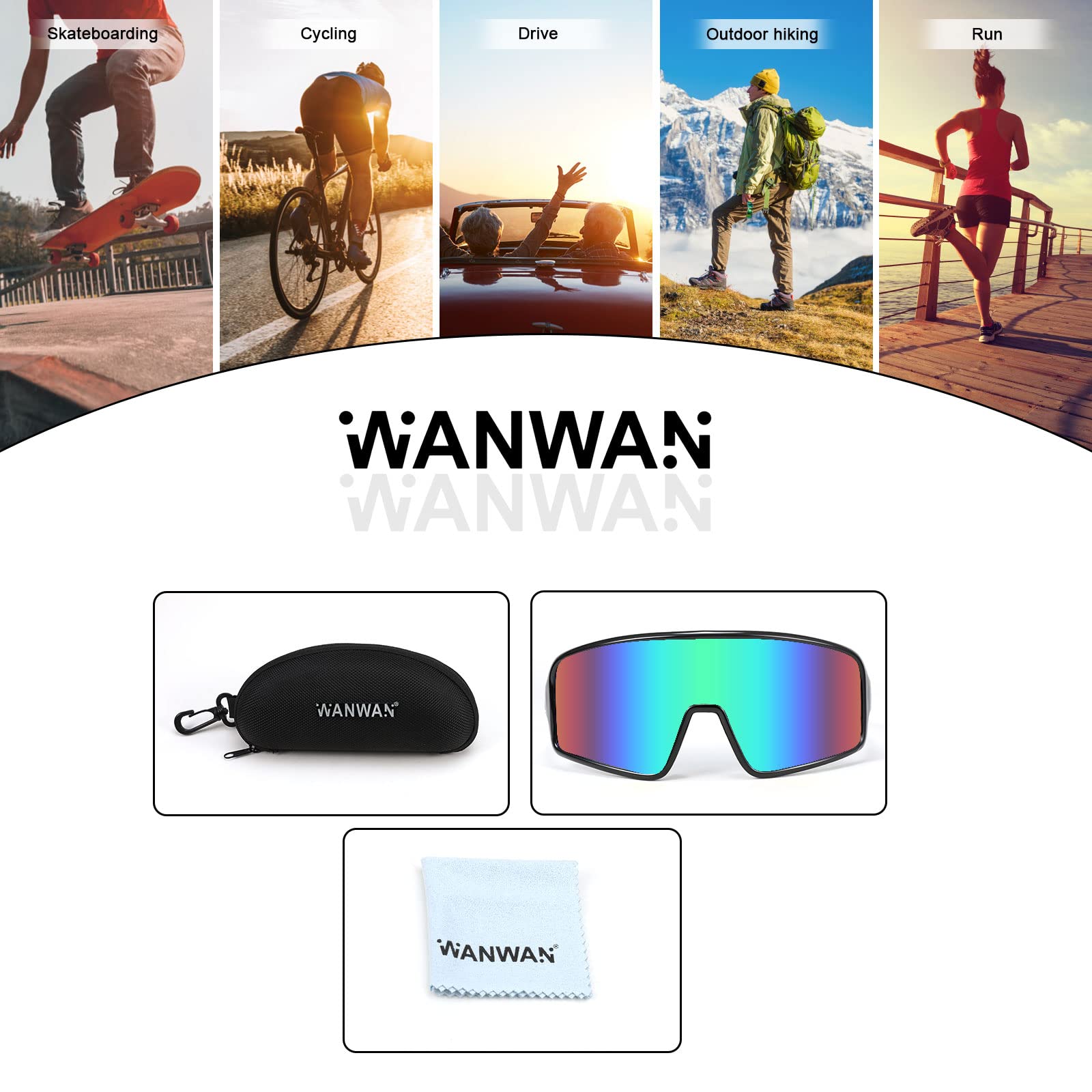 WANWAN Herren-Sonnenbrille mit großem Rahmen, modisch, Radfahren, Sport, Laufen, Fahren, Angeln, Trekking