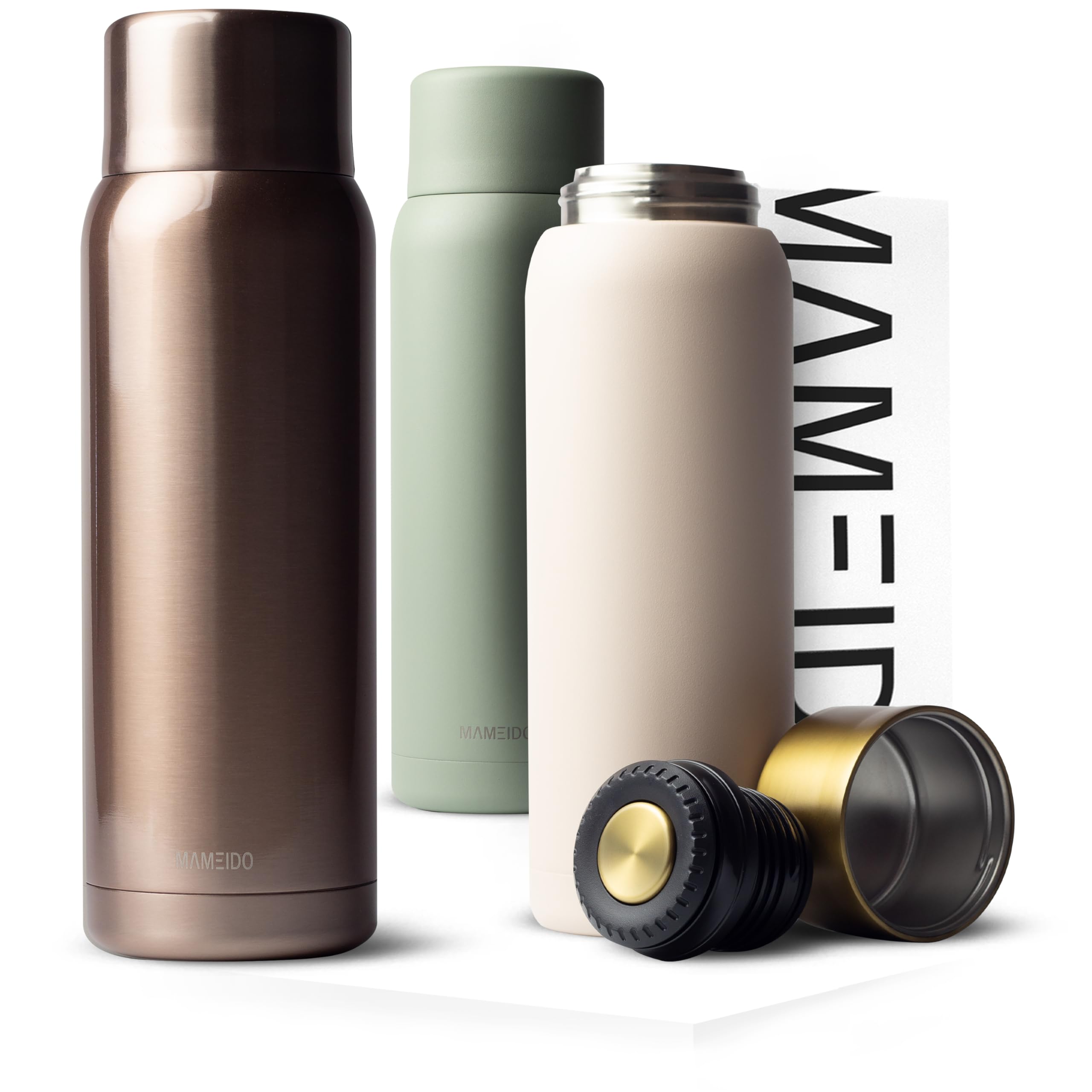 MAMEIDO Thermoskanne mit Becher 1 l aus Edelstahl, Isolierkanne bis zu 12h heiß, auslaufsichere Thermosflaschen BPA frei, Kaffee & Tee unterwegs (Rosé Quartz)