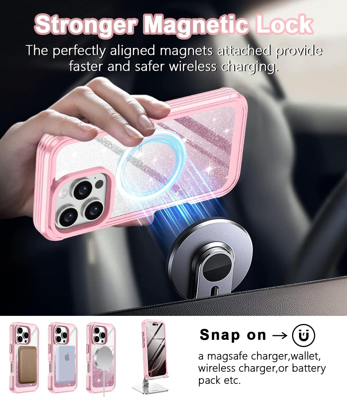 Hekodonk for iPhone 16 Pro Case,Compatible with Magsafe[Built-in 9H Tempered Glass Screen Protector & Camera Lens Protector] Full Body Shockproof Protective Women Girl Bling Case,Pink Glitter - Image 7