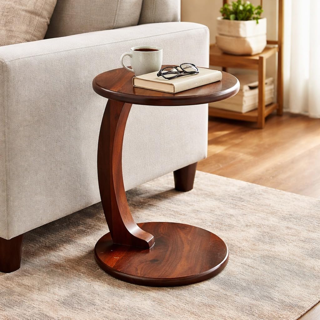 Solid Sheesham Wood C-Shaped Side Table Round Top with Curved Support Natural Wood Grain Finish Stylish Handcrafted Polish Furniture Multipurpose Furnishing Tabletop Round Pedestal-image-28