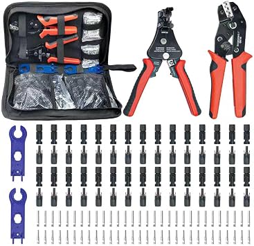 60PCS Solar Connector Crimping Tool Kit for Connecting Solar Panel Cable Wire, with 30 Pairs MC4 Connectors ,AWG13-10 Crimper and Stripper,2pcs Spanner Wrench,Solar Panel Connectors in the bag.
