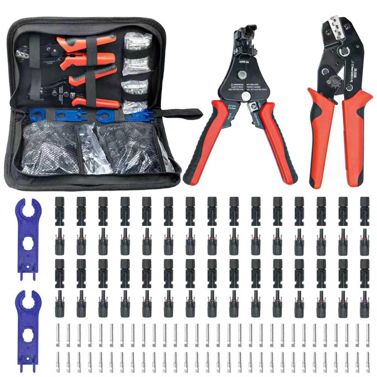 60PCS Photo voltaic Connector Crimping Device Equipment for Connecting Photo voltaic Panel Cable Wire, with 30 Pairs MC4 Connectors ，AWG13-10 Crimper and Stripper，2pcs Spanner Wrench，Photo voltaic Panel Connectors within the bag.