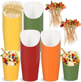 Whaline 60Pcs Fall Charcuterie Paper Cups with Sticks 14oz Yellow Orange Red Green Disposable Appetizer Cups French Fry Holder for Autumn Harvest Thanksgiving Party Supplies